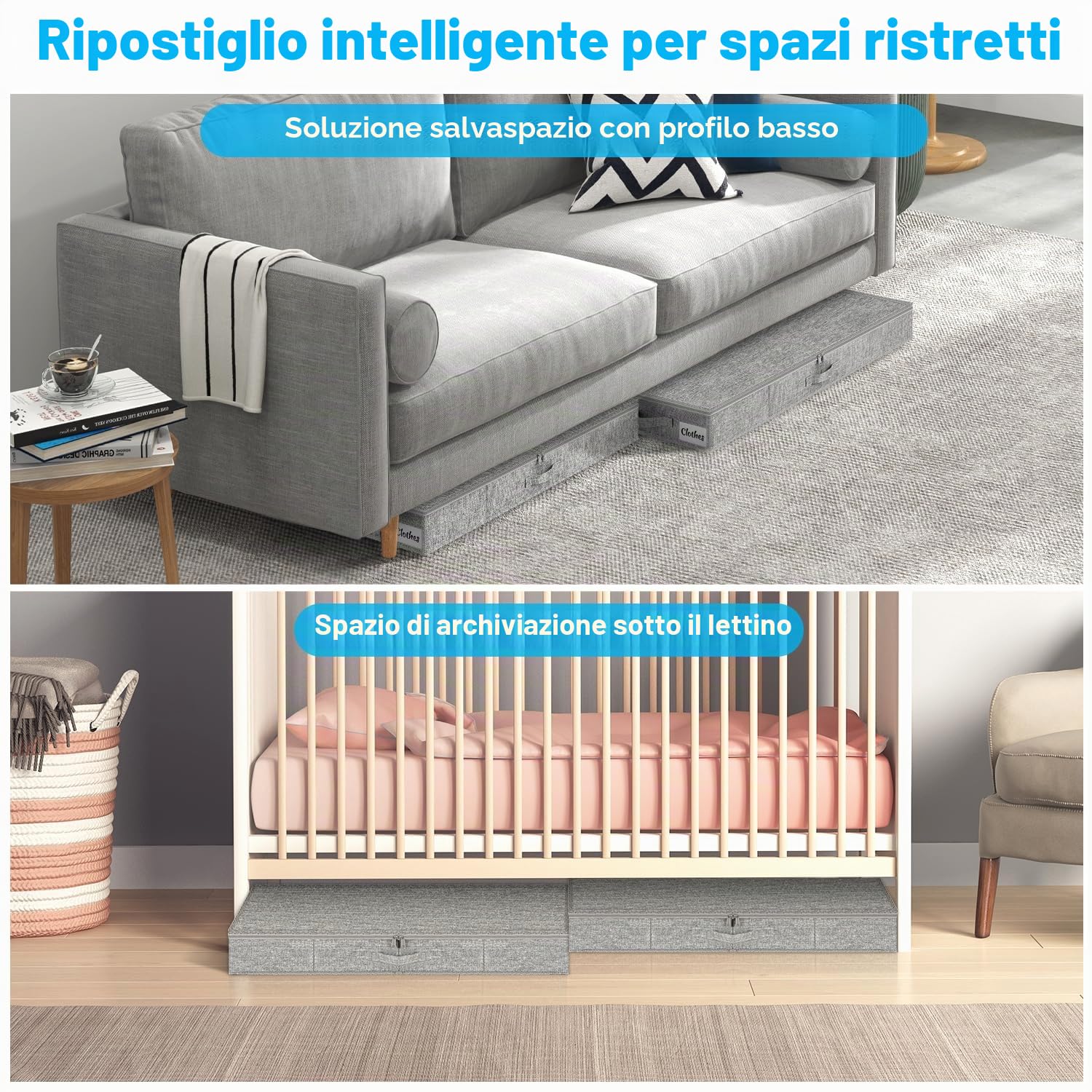Contenitore sotto il letto, con coperchio, altezza 12 cm, 2 pezzi, pieghevole, lavabile, con 3 maniglie, coperchio con cerniera, per vestiti, coperte