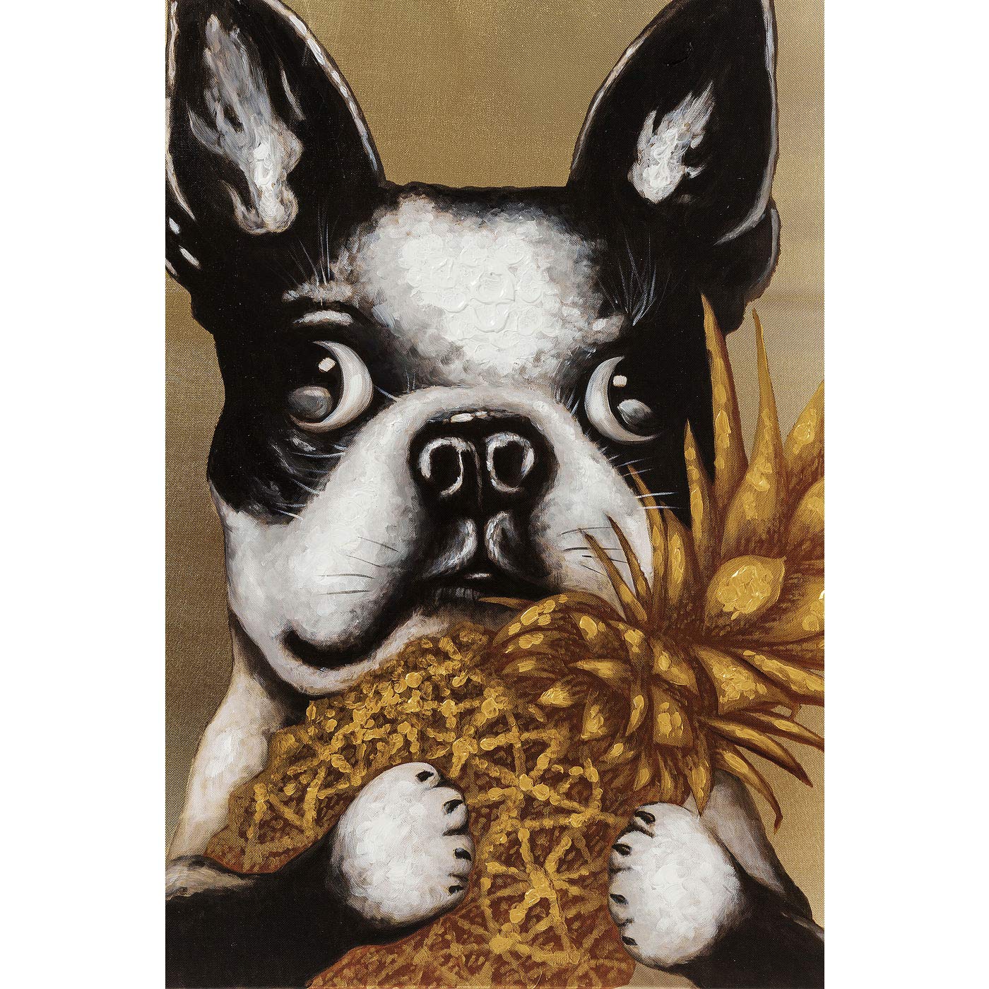 Kare Design Cuadro Touched Dog with Pineapple, Oro/Multicolor, Pintura en Lienzo, Perro, Algodón, Marco de Madera de Abeto, Detalles Pintados a Mano, 80x80x4 cm