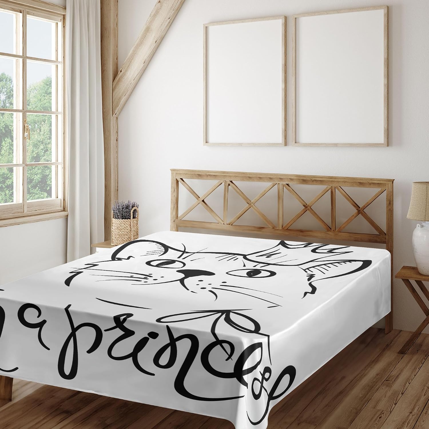 Ambesonne Cartoon Flat Sheet, I am a Cartoon Calligraphy Funny Cat with a Royal Crown Outline Drawing, Soft and Comfortable Top Sheet Decorative Bedding 1 Piece, Full Size, Charcoal Grey White