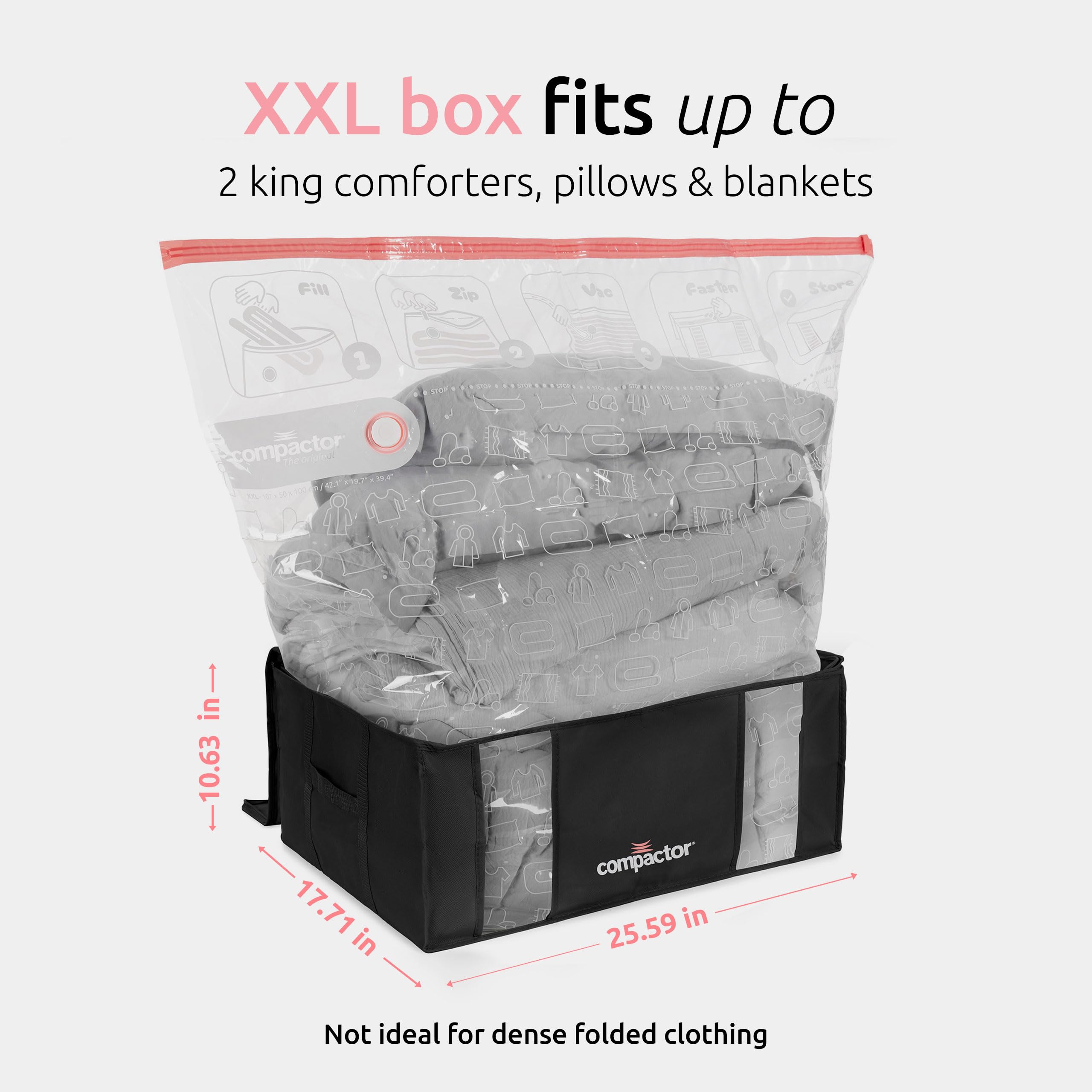 Compactor Vakuum-Aufbewahrungstasche mit halbstarrer strukturierter Box, Polypropylen und Nylon, Vakuumbeutel für Kleidung und Bettwäsche, Schrank-Organizer (Schwarz, XXL)