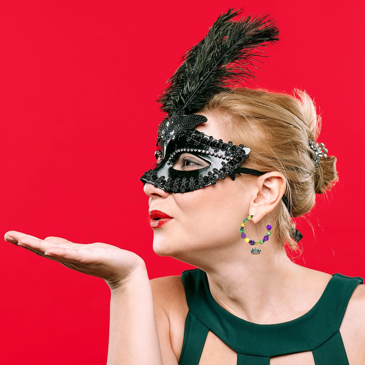 METOBAR Mardi Gras Earrings for Women Glitter Gemstone Mardi Gras Hoop Earrings Carnival Parade Corwn Earrings Fleur De Lis Beaded Drop Earrings Mardi Gras Carnival Holiday Jewelry Gifts - Image 5