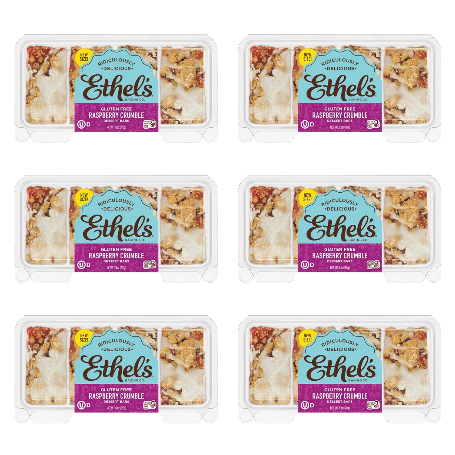 Ethel's Baking Company Raspberry Crumble Bars – Gluten-Free Dessert Bars with Homemade Raspberry Jam – 24 Count (1.5oz Bars) Delivered in Freezer-Friendly 6-Pack Containers