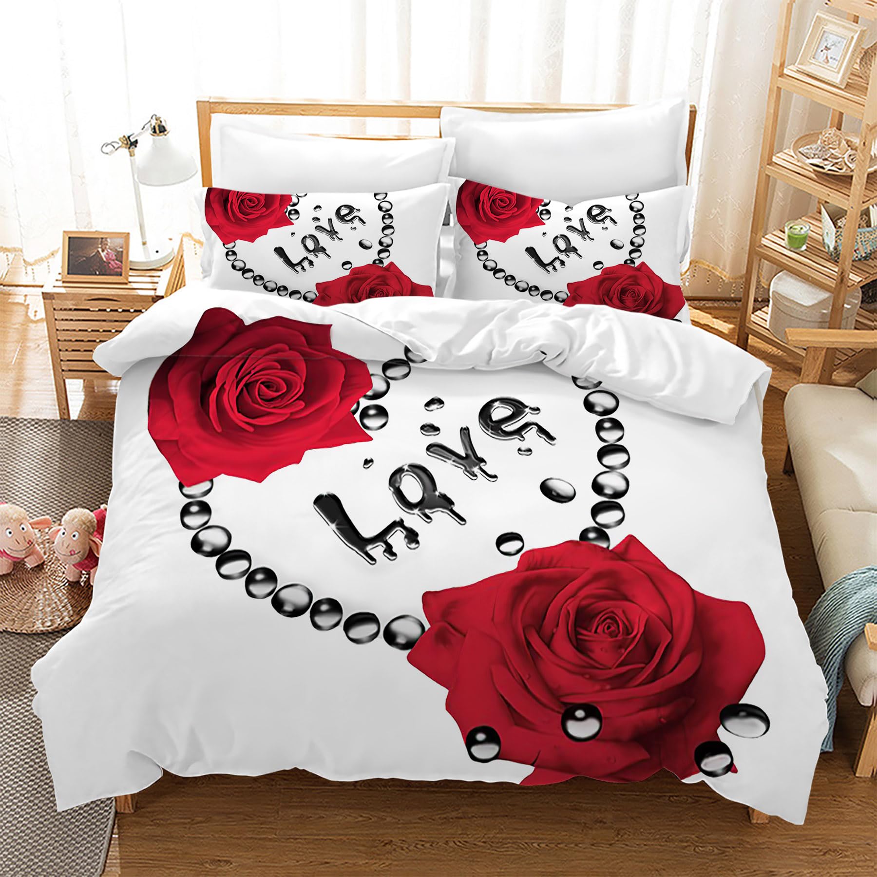 Parure de lit 3D microfibre à fermeture éclair housse de couette imprimée fleur rose rouge
