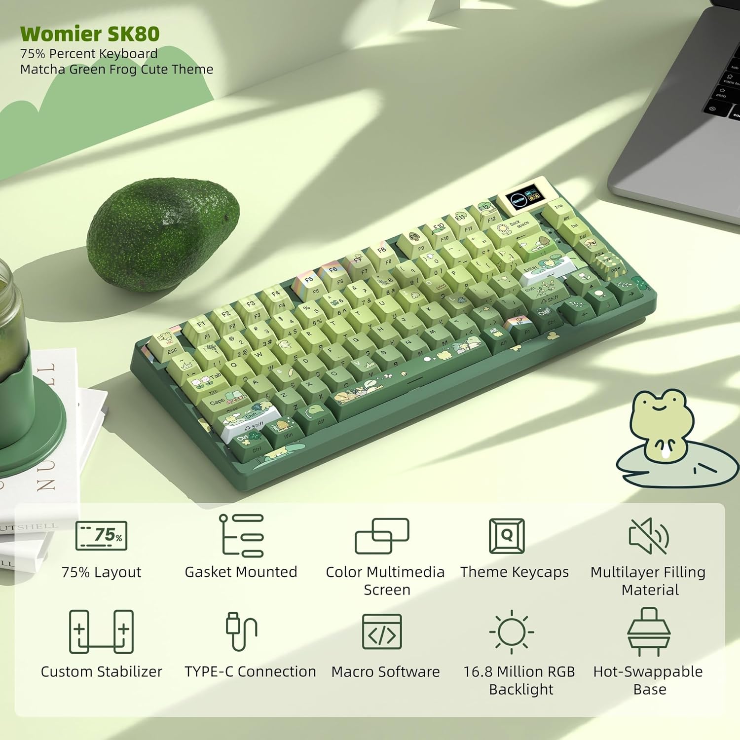 Womier SK80 75% Keyboard with Color Multimedia Display Mechanical Gaming Keyboard Cute Green Frog Wired Hot Swappable Gasket Mount RGB Custom Key Board, Pre-lubed Stabilizer for Mac/Win, Green