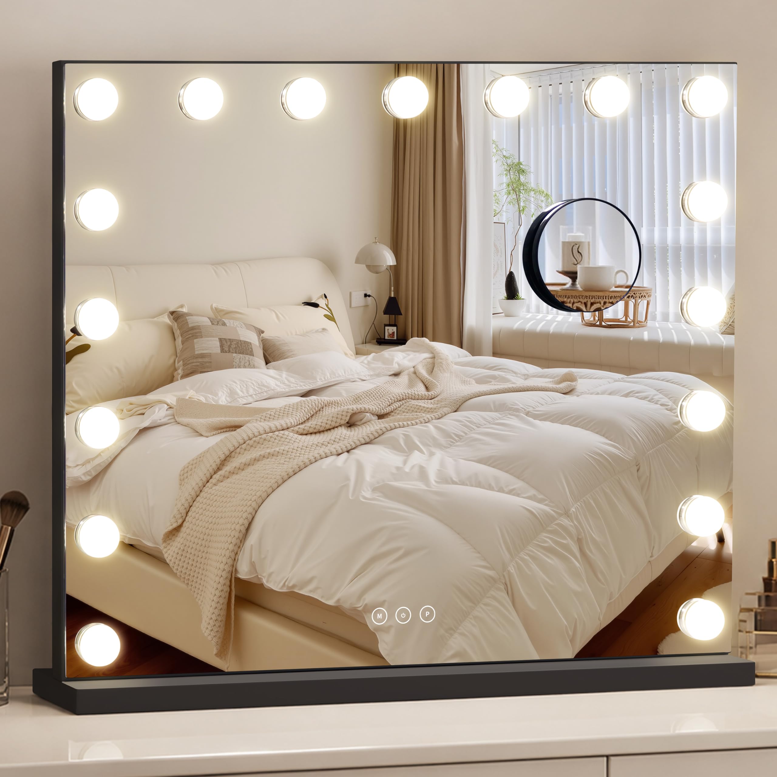 Vanity Mirror with Lights,Makeup Mirror with 17 Dimmable LED Bulbs, 3 Color Lighting Modes Detachable 10X Magnification Mirror Touch Control, 23.6X19,7 inch, Black