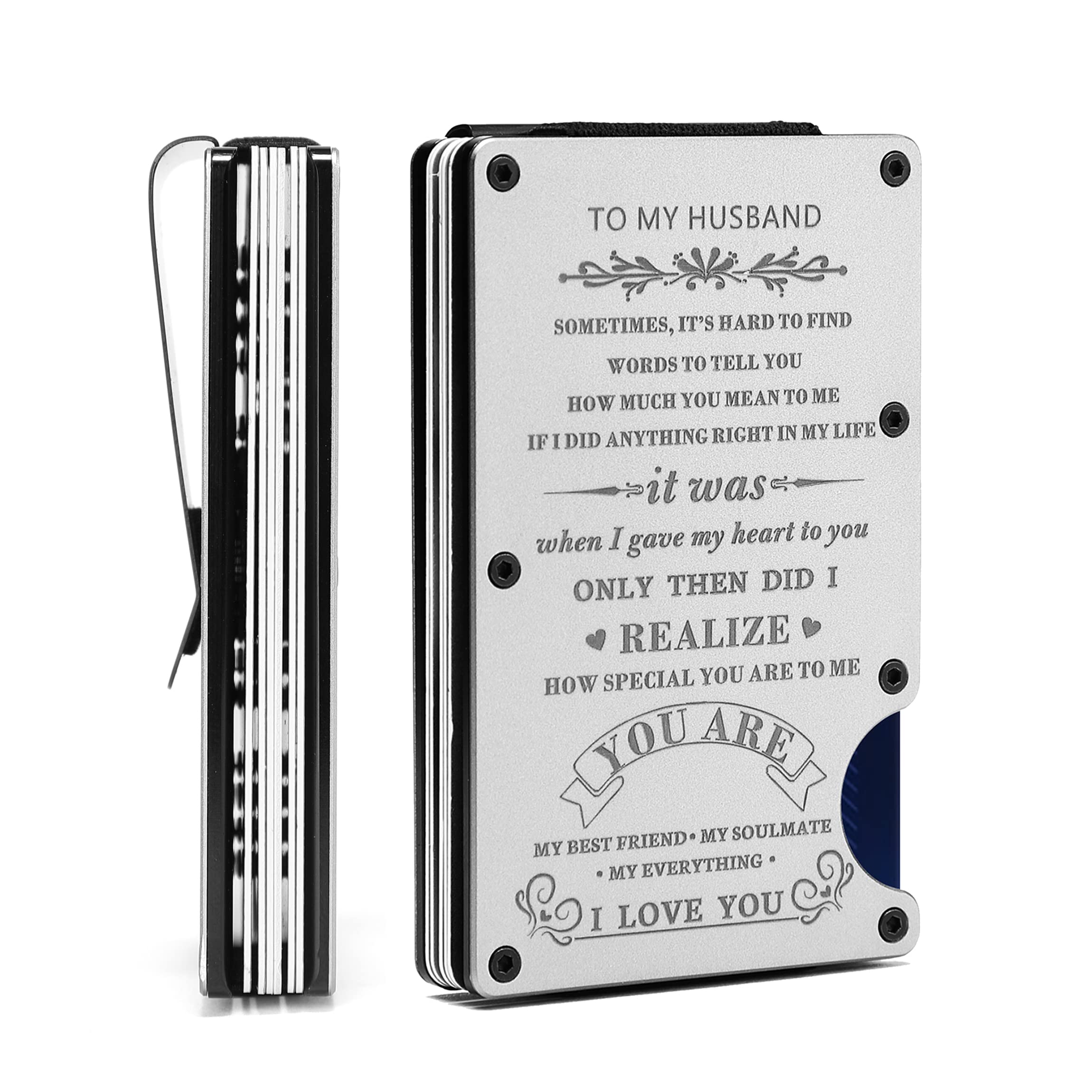 To My Husband Gift,Personalized Engraved Metal Wallet from Wife,Men Minimalist Love Message Custom Slim Aluminum Card Holder with Money Clip, For husband from wife, Minimalist