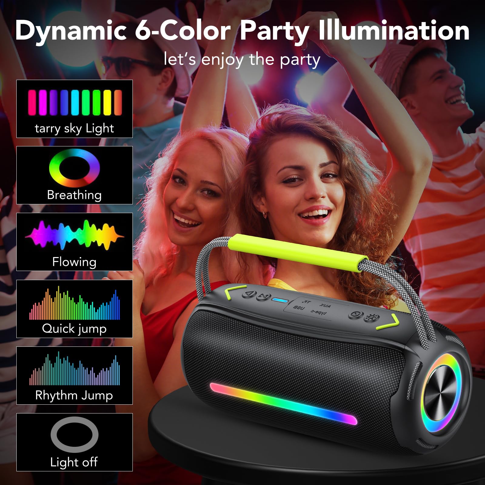 IKT Bluetooth Lautsprecher mit Tragegriff, 40W Musikbox Bluetooth Box mit Dualen Bass-Treibern, IPX7 Wasserdicht, RGB Lichter, TWS Kopplung, AUX, TF Karte, Geeignet Party/Outdoor/Reisen, Schwarz