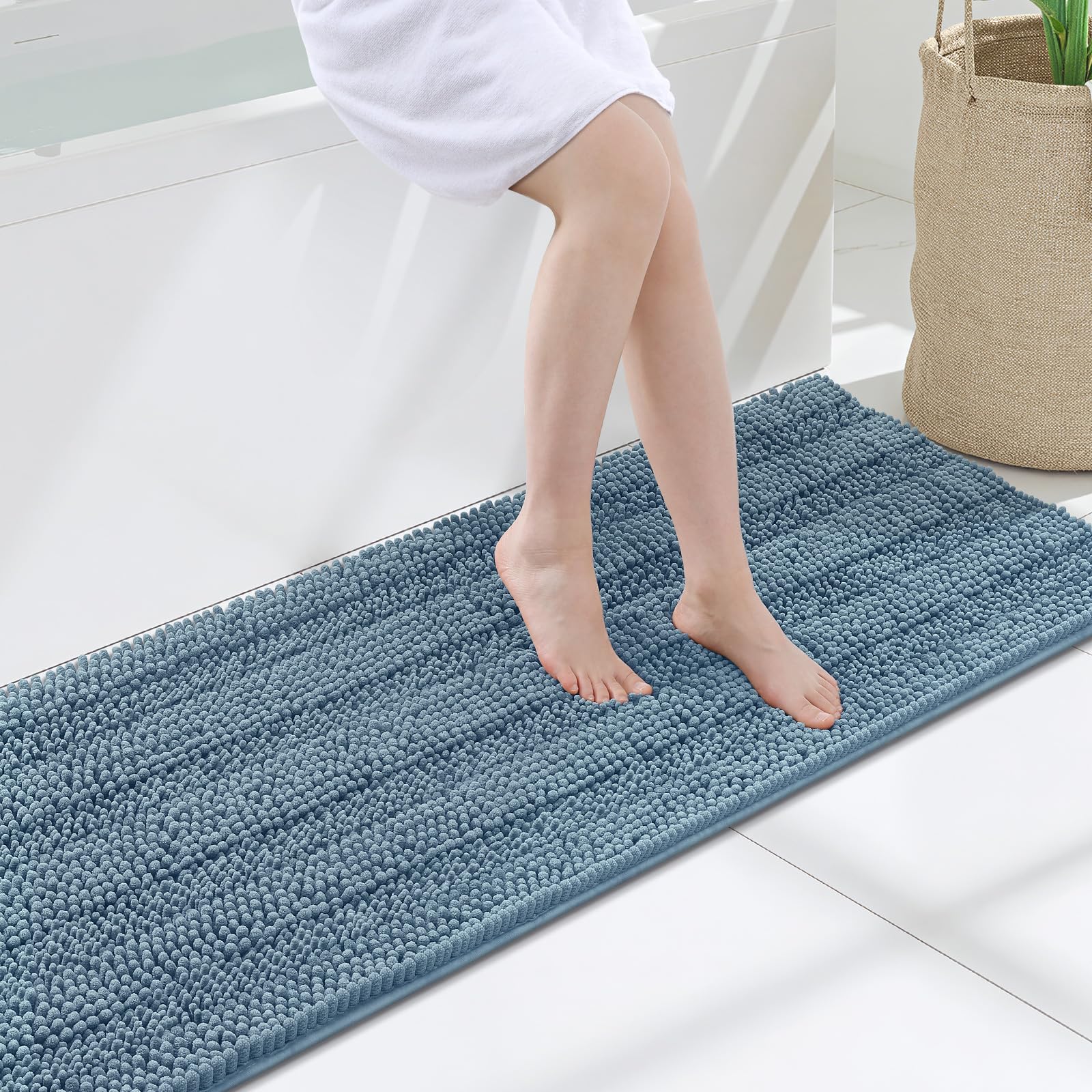 Grandaily Chenille Bathroom Rugs 47x17, Soft Absorbent Bath Mats, Airy Blue