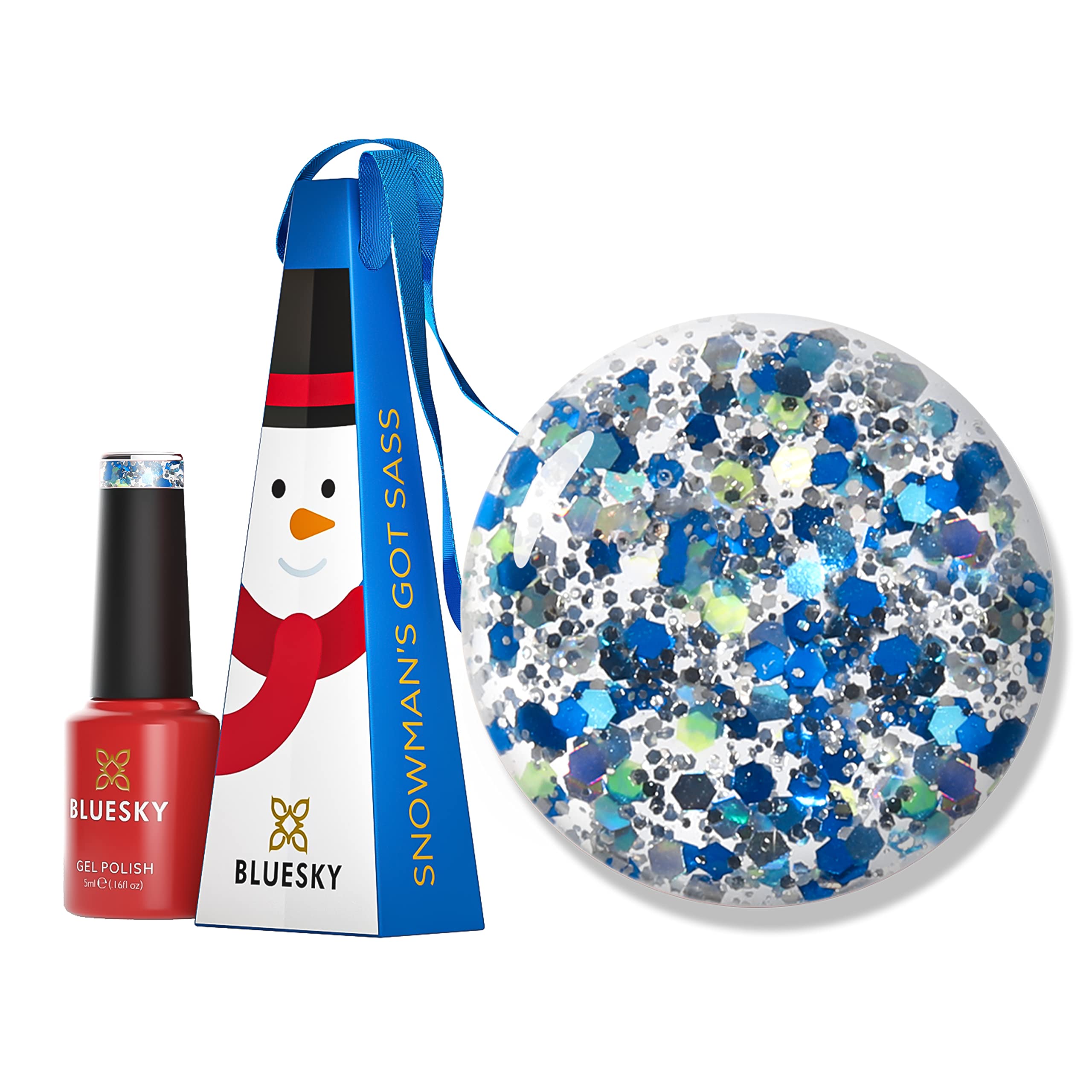 BLUESKYChristmas Exclusive Gel Nail Polish Bauble 5ml, Snowman's Got Sass, Blue Glitter Soak-Off Gel Polish for 21 Day Manicure, Salon & Home Use, Requires Curing Under UV/LED Lamp