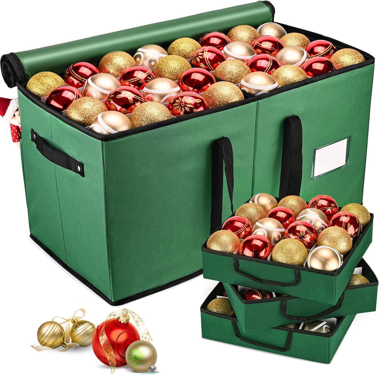 Mrrihand Christmas Ornament Storage Box, Ornament Storage Container with 8 Trays-Xmas Decoration Organizer Keeps 128 Holiday Ornaments 3-Inch, Dual Zipper Closure, 600D Tear-Proof?Green?