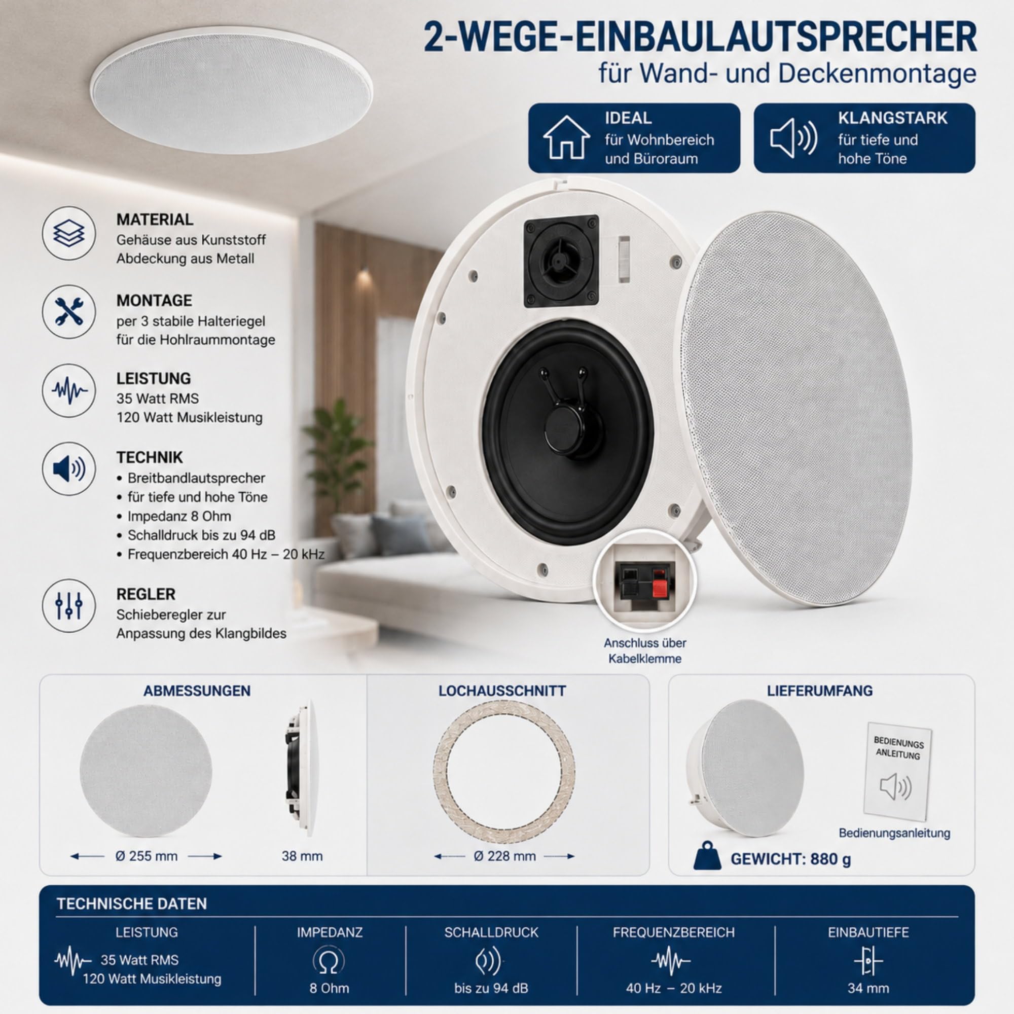 Lunivers Enceinte à large bande encastrable 2 voies, 35 W RMS, puissance musicale 120 W