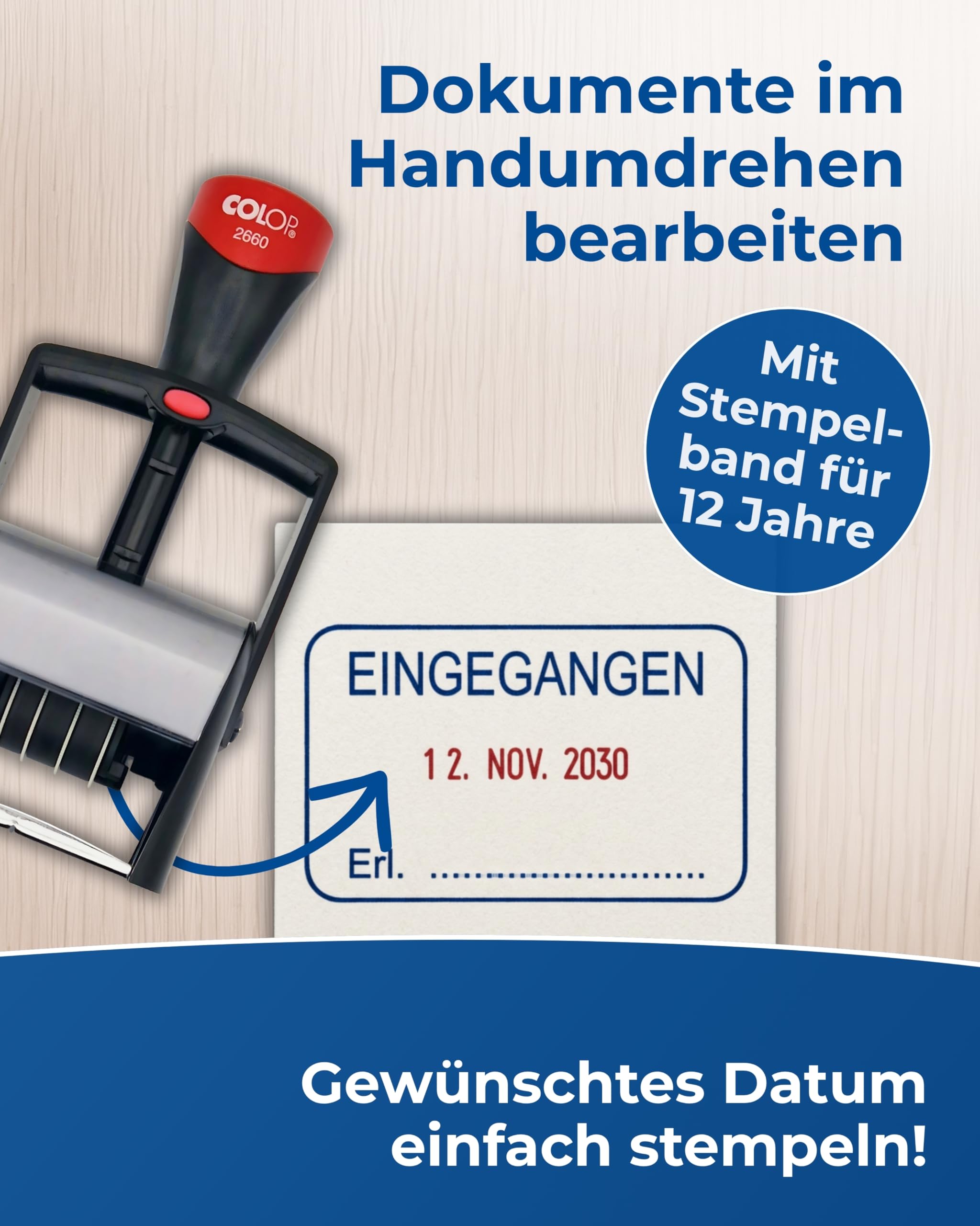 Colop 2660 Datumstempel mit Text EINGEGANGEN Datum deutsch Abdruck blau/rot im Karton 135867 klein | Abdruck 37 x 58 mm I selbstfärbender Bürostempel mit integriertem Stempelkissen blau/rot I ideal für Bürobedarf