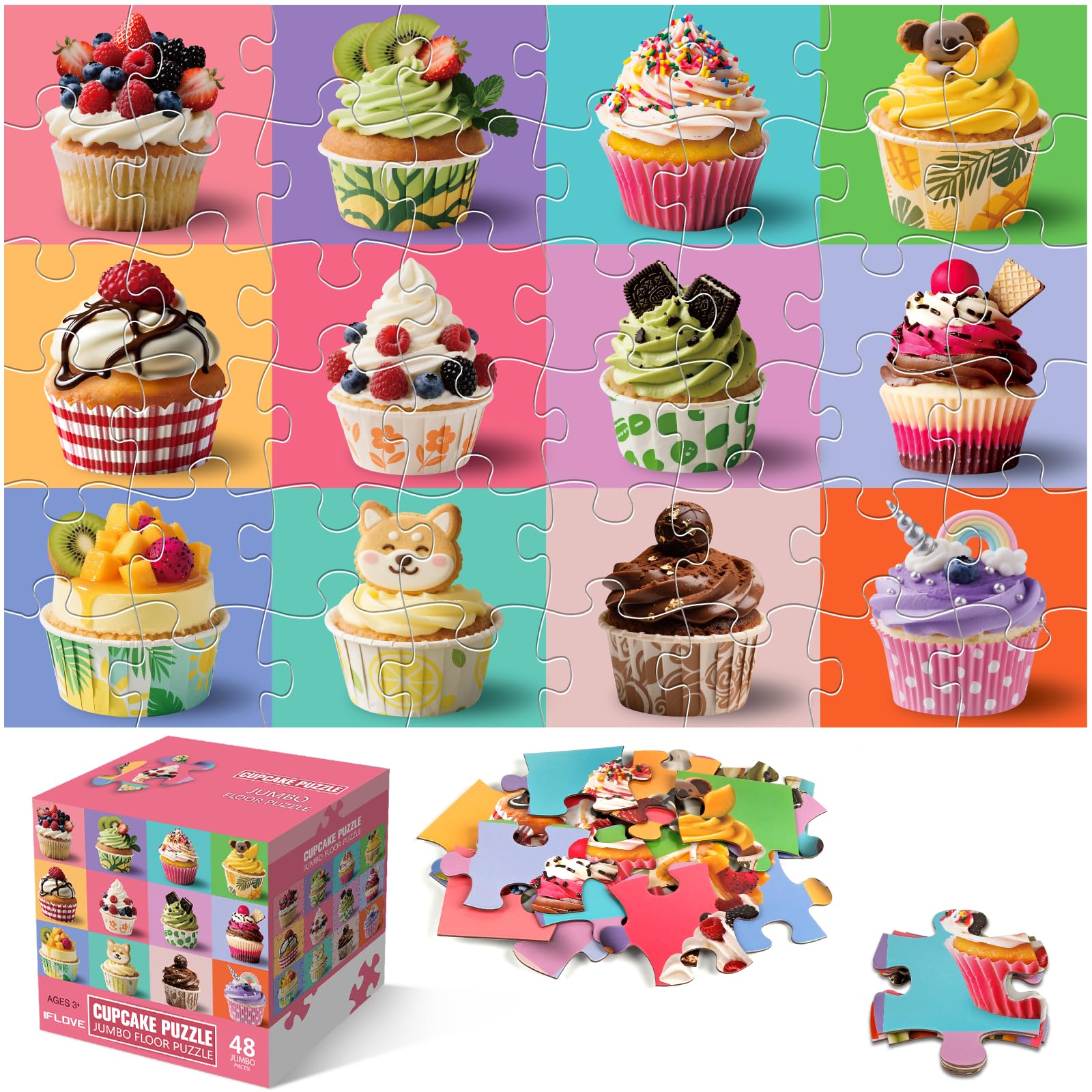 Jumbo Floor Puzzle for Kids,48 Piece Cupcake Jigsaw Puzzle Ages 3-8 | Dessert-themed Learning Puzzle with Decorated Cupcakes,Extra-thick Cardboard,35x24 in Completed,Gift for Boys and Girls