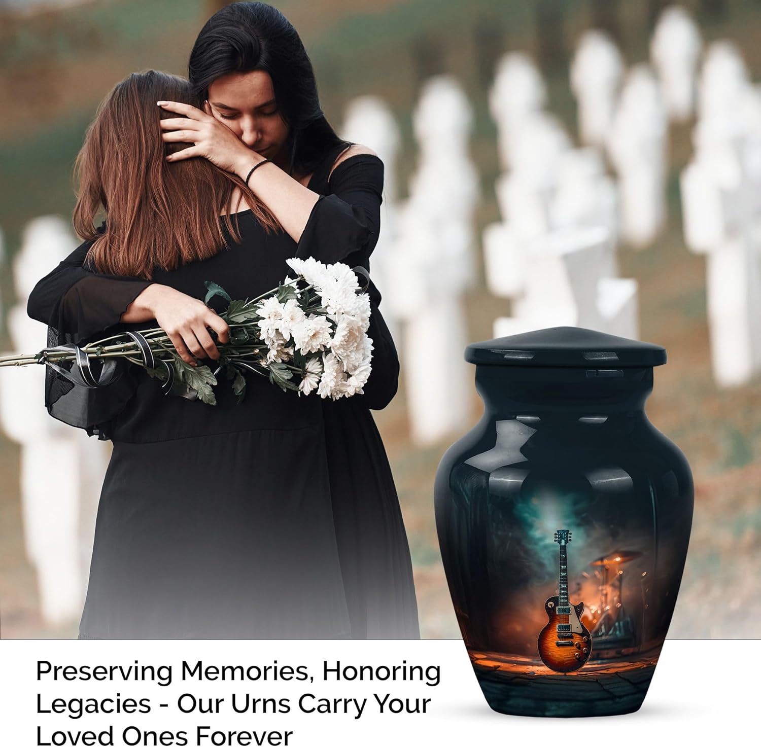 Guitar Cremation Urn for Human Ashes, Keepsake Memorial Urn for Men & Women, Black, 3 Inch