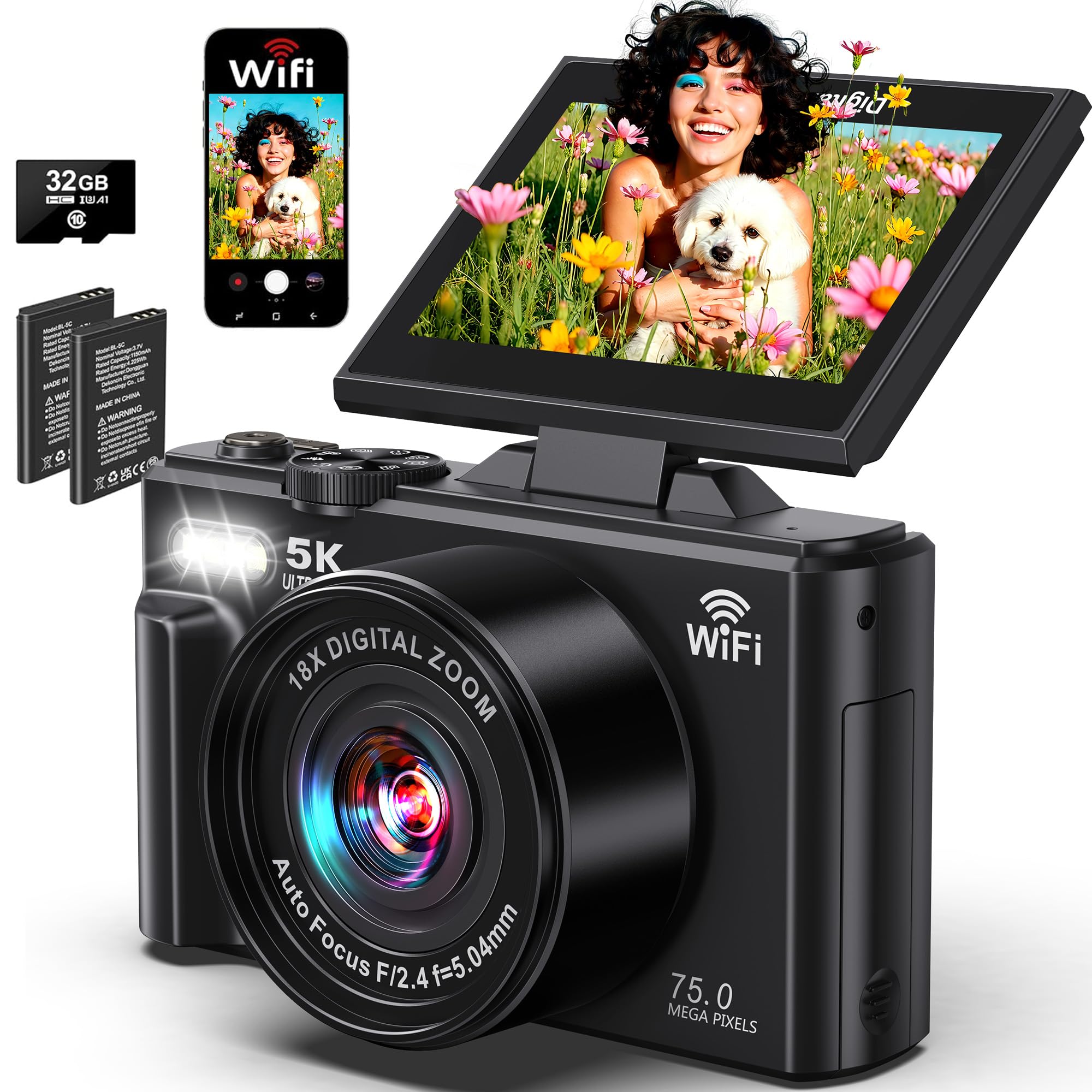 5K Digital Camera - Cameras for Photography WiFi 75MP UHD - Autofocus Vlogging Camera for YouTube with 3" 180° Flip Screen - Video Cameras Travel Camara with 18X Zoom, 32GB Card