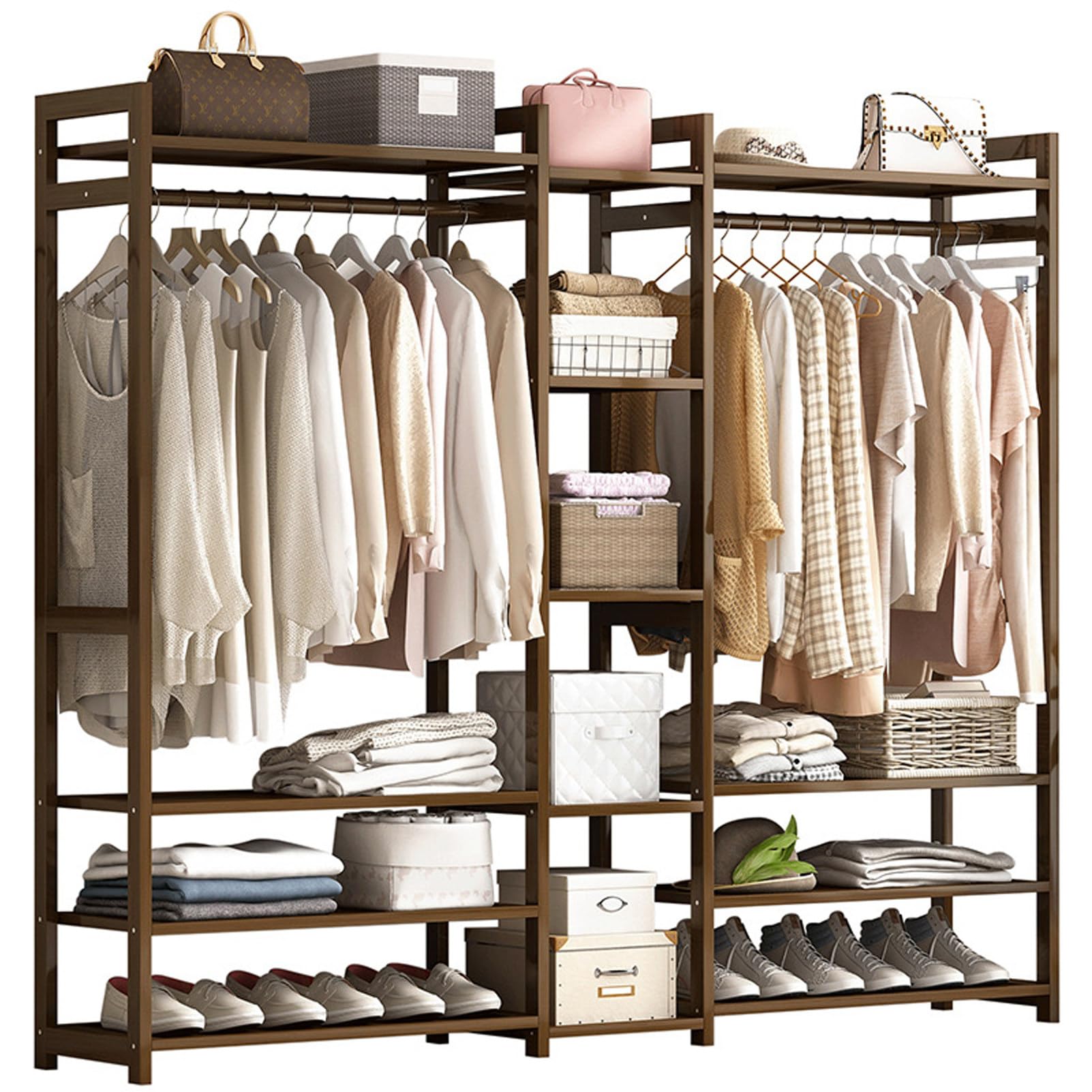 Pnpaea Bamboo Clothes Rail, Garment Rack with Storage Shelves Back and Tidy Rail, Open Wardrobe Closet, Clothing Rack for Bedroom Hallway D(170mm)