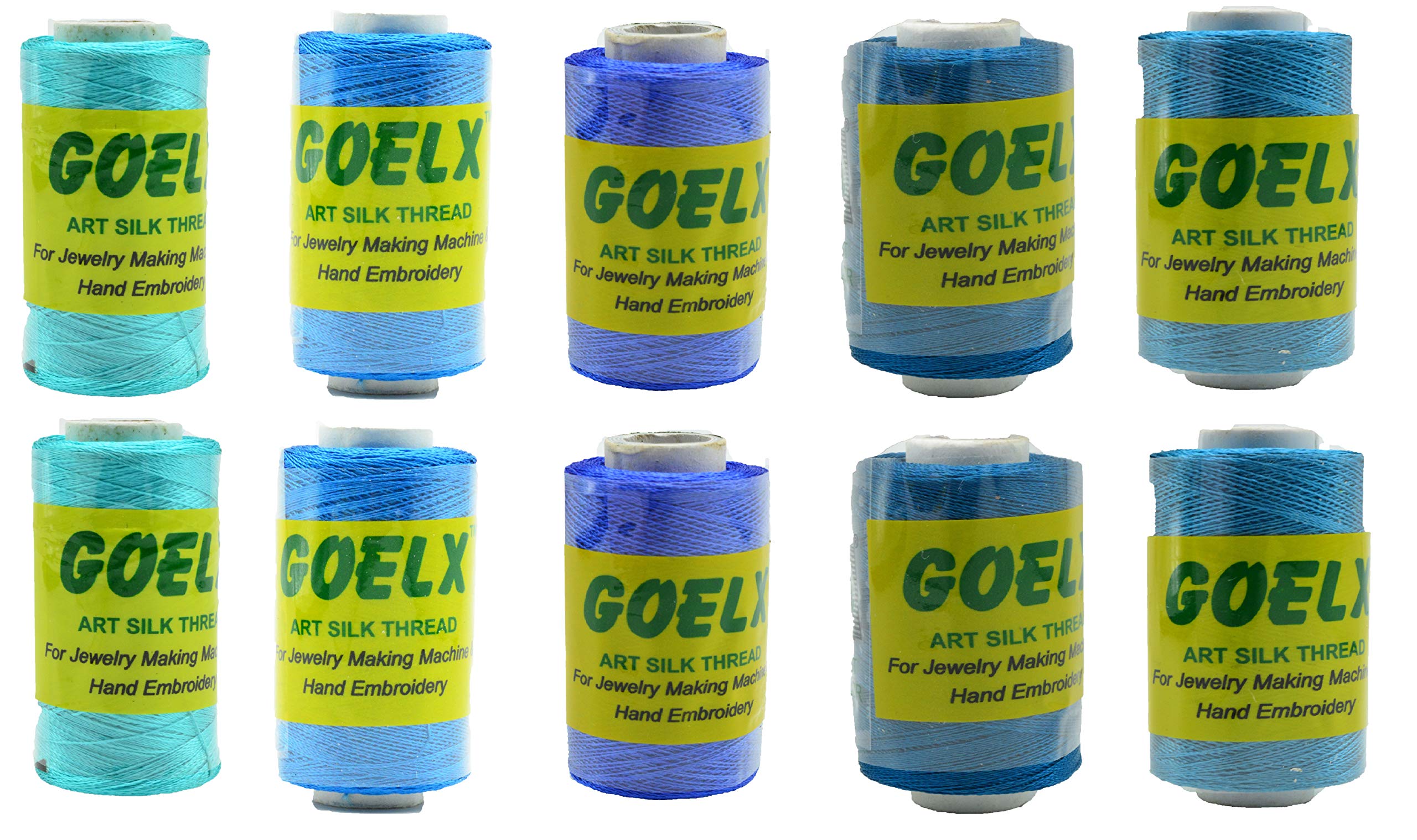 Goelx Silk Thread Shades of Blue 10 Spools (2 Each in 5 Shades) for Jewelry, Tassel Making, Embroidery, Crafts, Shiny Soft Thread Spools