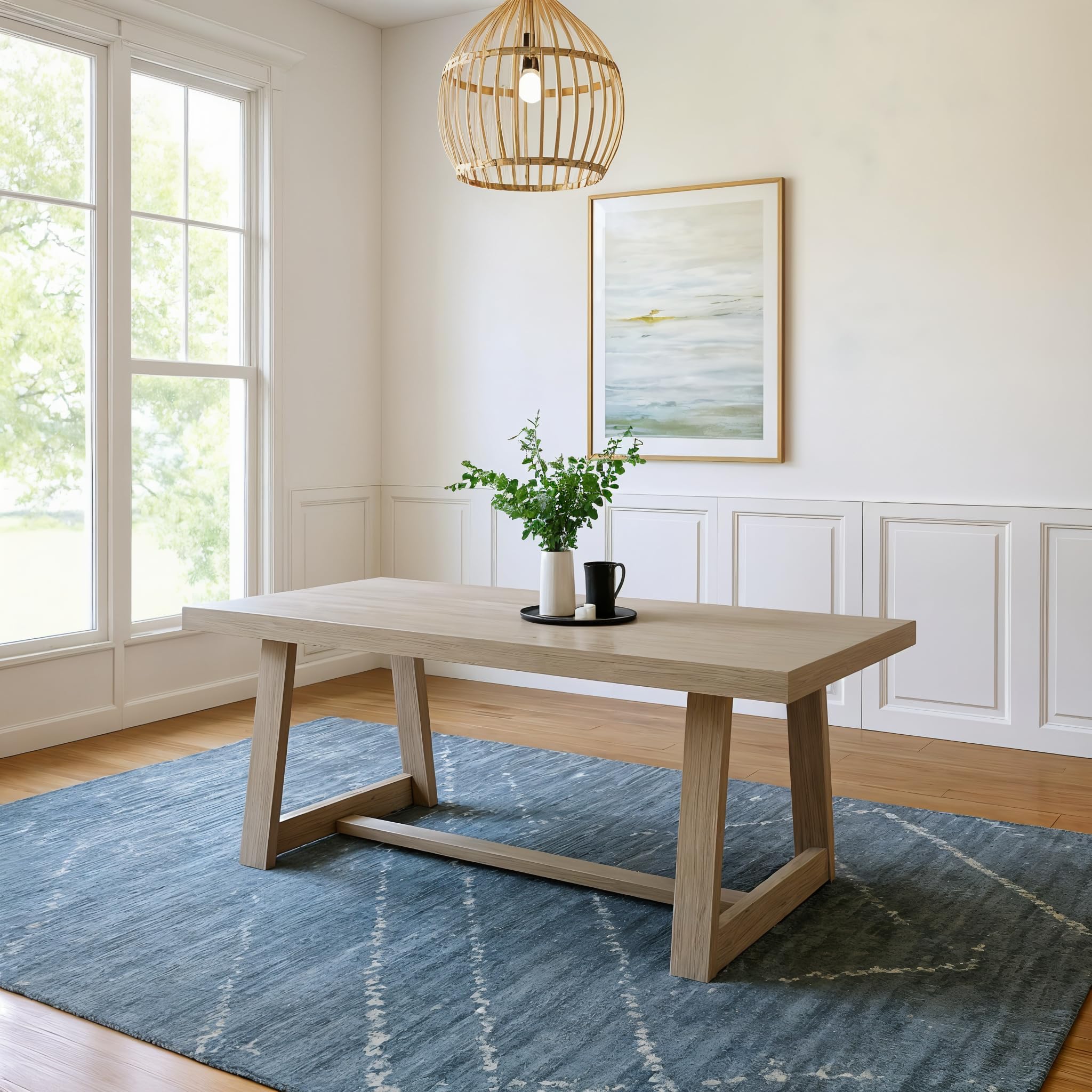 Plank+Beam 72 Inch Farmhouse Dining Table, Solid Wood Rustic Kitchen Table, Large Wooden Rectangular Dinner Table for Dining Room, Home Office, Living Room Furniture, Easy Assembly, Seashell Wirebrush