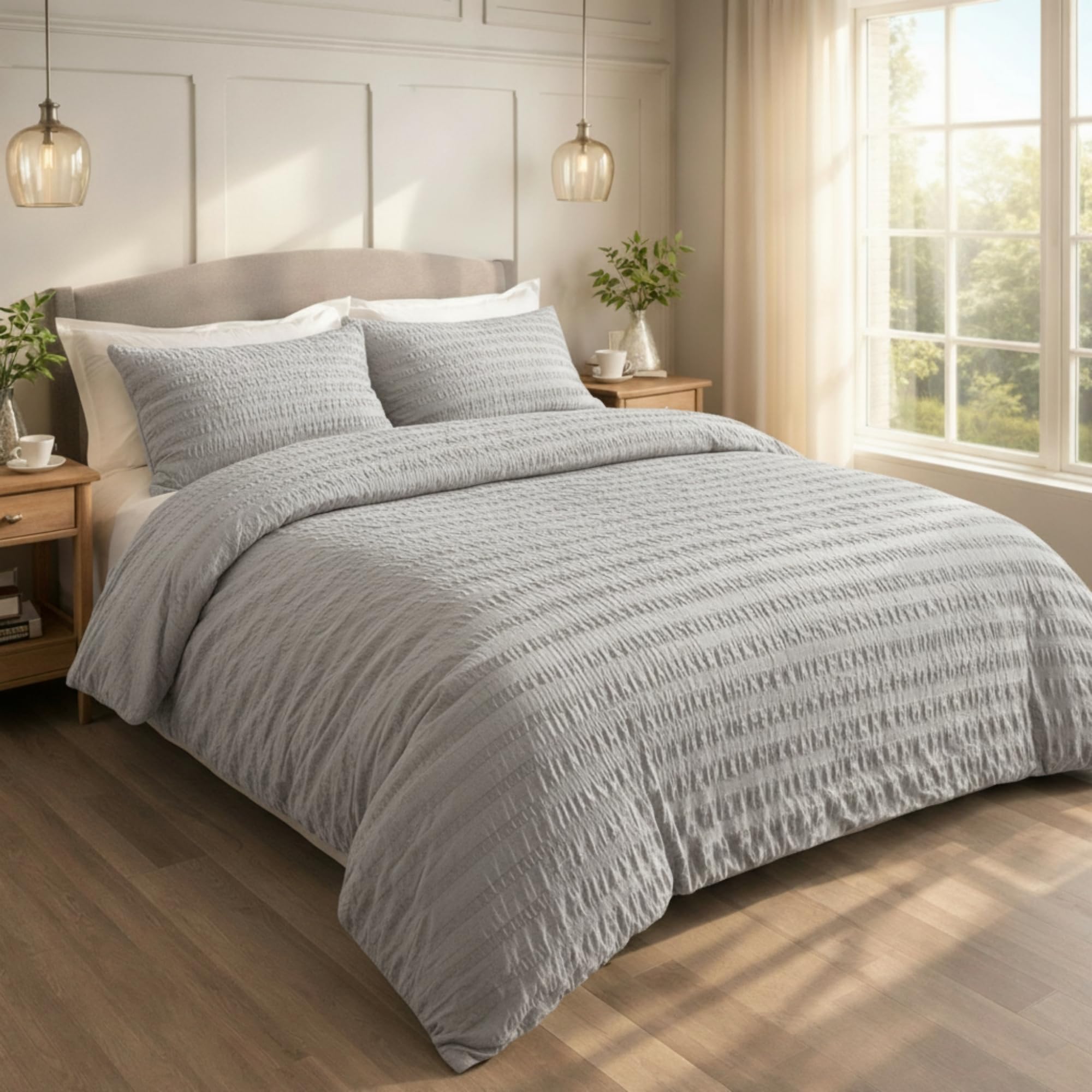 Seersucker King Duvet Cover Set Grey with Pillowcase, Ultra Soft Brushed Microfiber Bedding Set, Breathable, Easy Care, Machine Washable Quilt Cover, Wrinkle Resistant