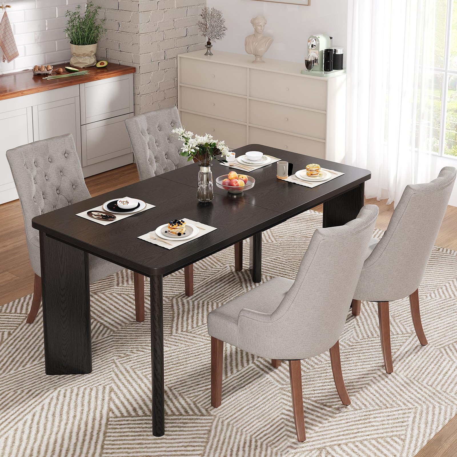 MALOL 5-Piece Rectangular Dining Table Set for 4, 63" Industrial Kitchen Table with 4 Tufted Parsons Dinner Chairs for Dining Room, Kitchen, Living Room, Black+Light Grey