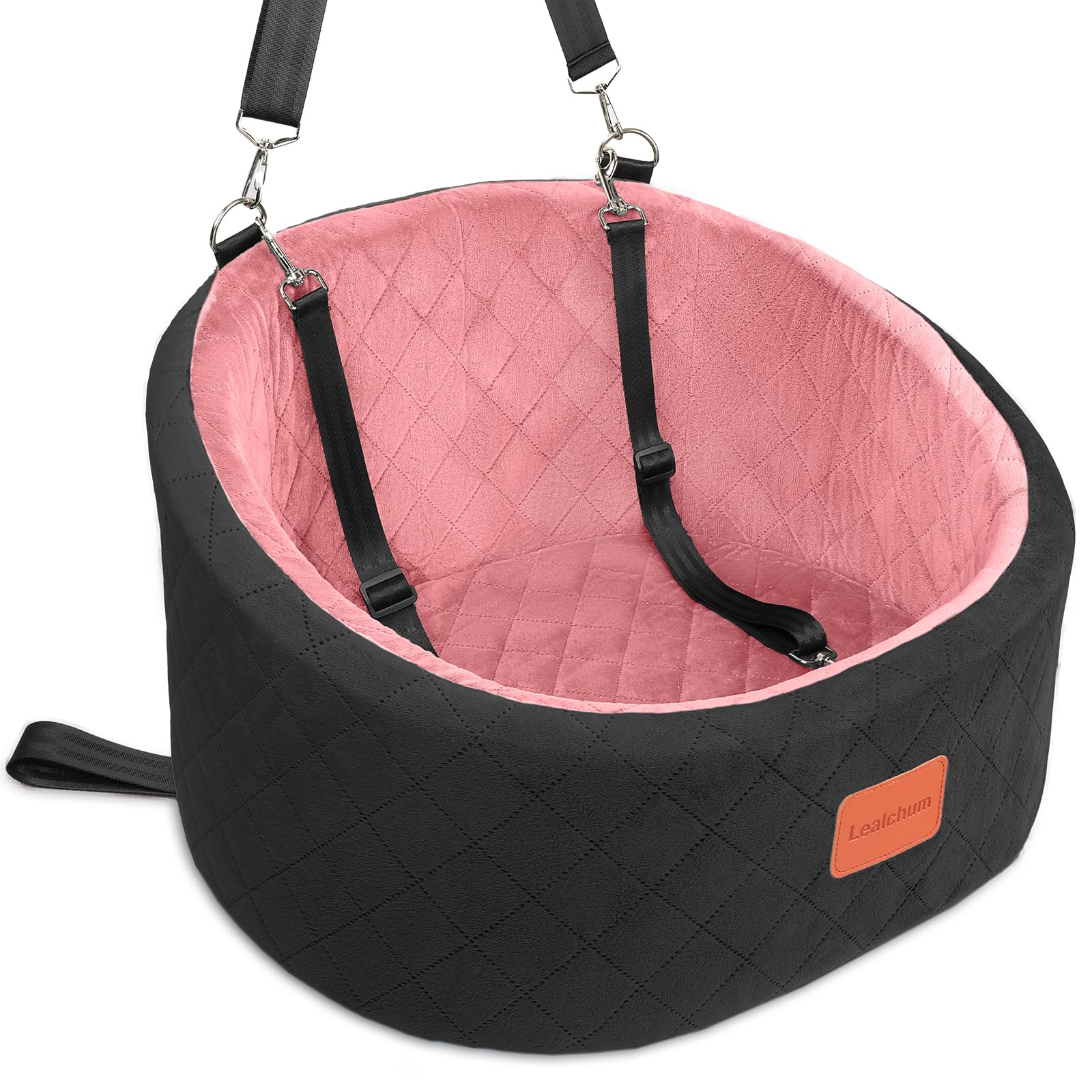 Lealchum Dog Car Seat for Small Dogs,Comfy Pet Travel Car Bed with 2 Clip-On Leashes,Fully Removable & Washable,Non-Slip Base with Seatbelt Channle, Easy to Install (Black/Pink, Small)