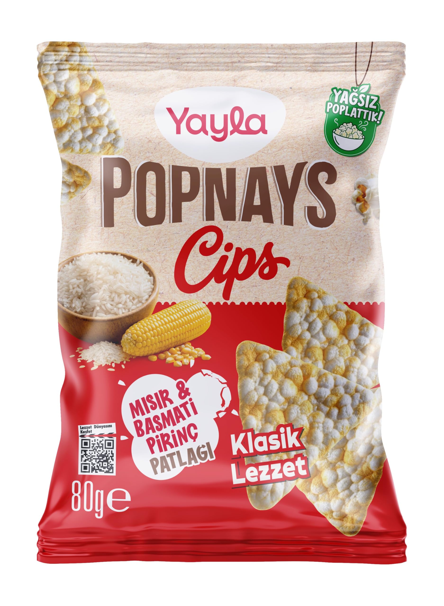 Yayla Popnays Cips Basmati & Mısır Sade Üçgen Thin Cips 80 Gram