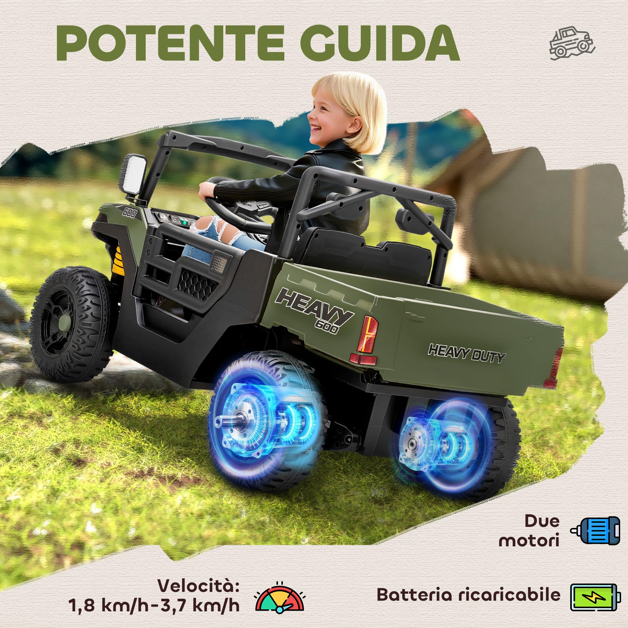 AIYAPLAY Macchina Elettrica per Bambini UTV 12V Fuoristrada Auto per Bambini con Bagagliaio, 2 Motori, Cintura 3 Punti, Telecomando, Sospensioni, USB, Musica, Luci, 1.8-3.7 km/h, 3-8 Anni, Verde