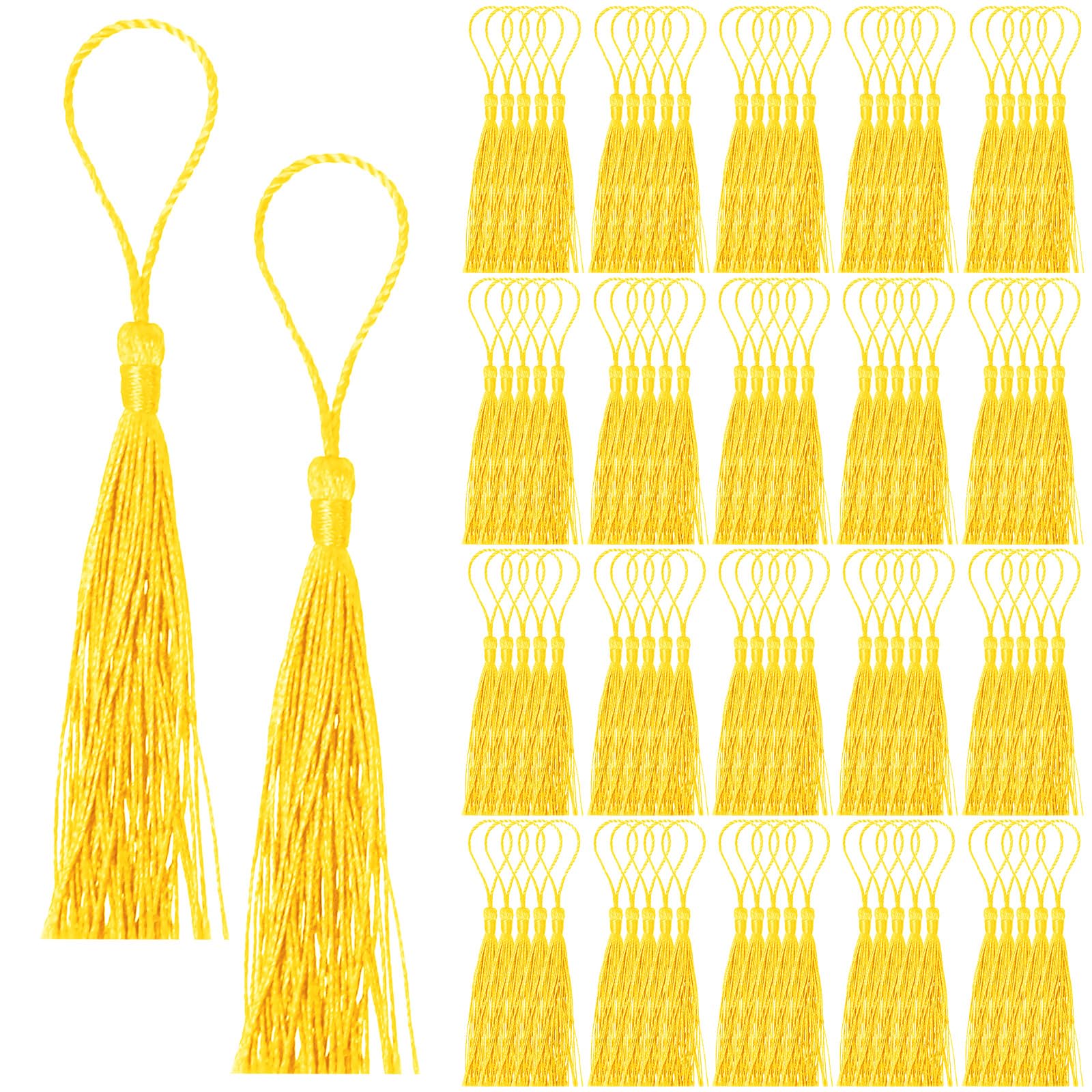 Cimeton 100PCS Gold 13cm/5 Inch Silky Handmade Soft Craft Mini Tassels with Loops Silky Tassel Bookmark Tassels for Bookmark Jewelry Making