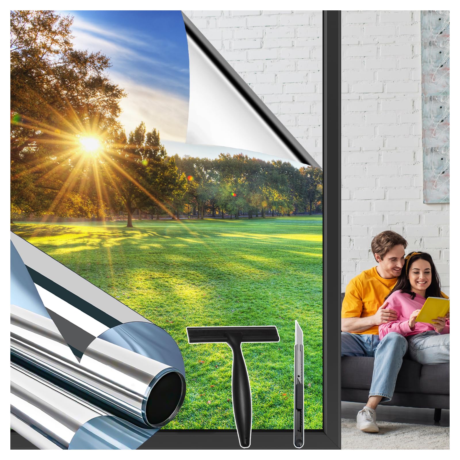 Niviy Spiegelfolie Fensterfolie Bickdicht Tageszeit Sichtschutz von außen 105x400cm Selbstklebend ohne Rückstände UV-Schutz und Hitzeschutz Sonnenschutz Folie für Wohnung und Büro Silber