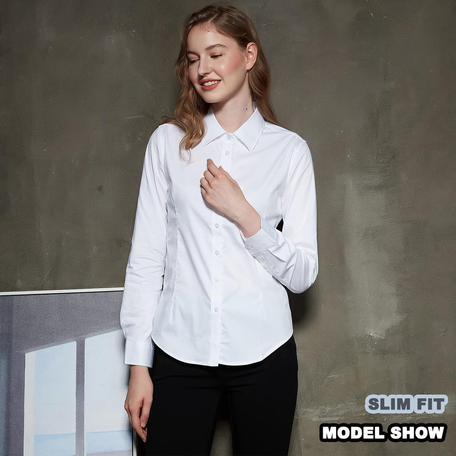 Womens Button Up Shirts Slim-Fit Long Sleeve Stretch Cotton Basic Work Shirt - Image 5