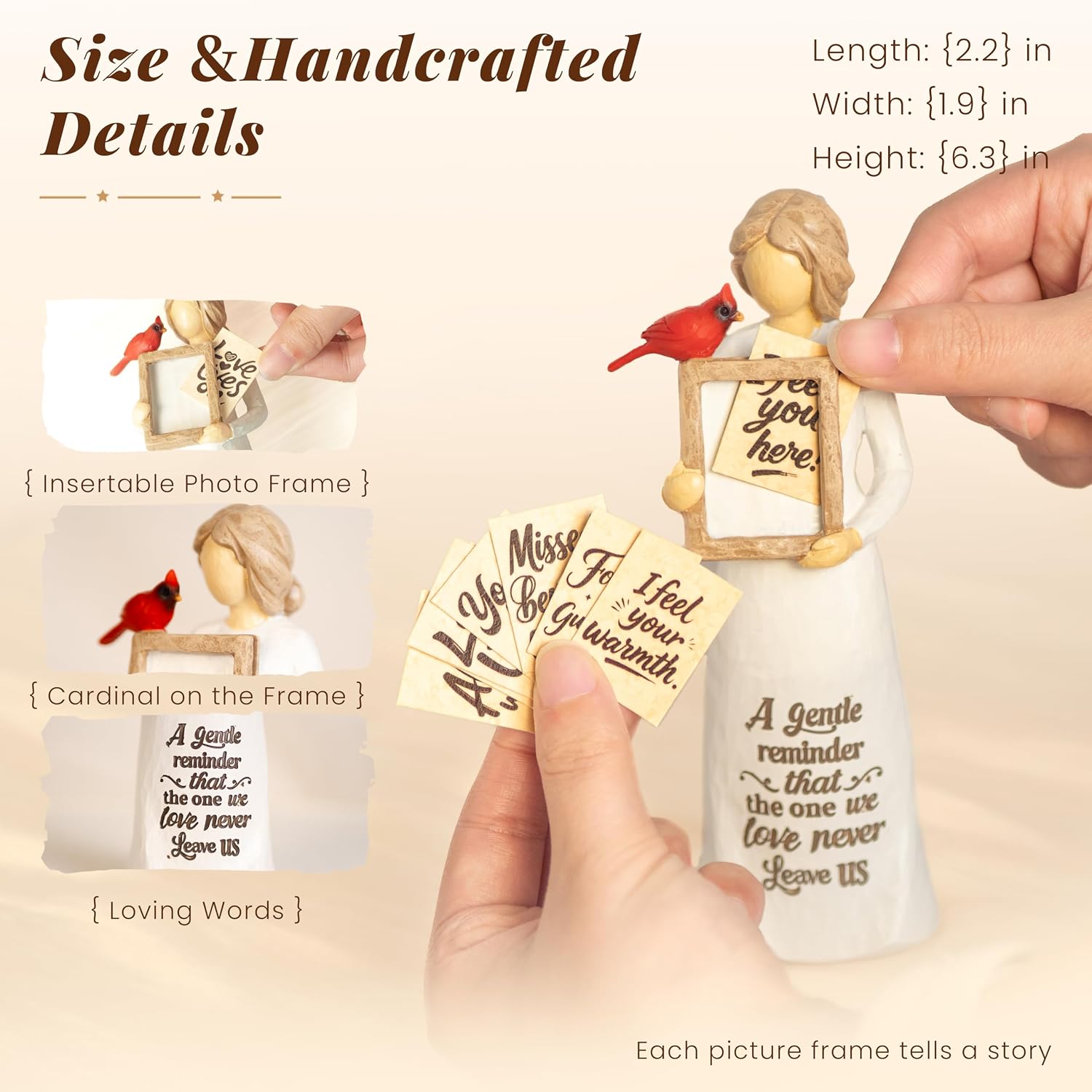 Cardinal Angel Figurine Gift for Woman, Resin Angel with Replaceable Photo Frame, Tabletop Memorial Decor image 2