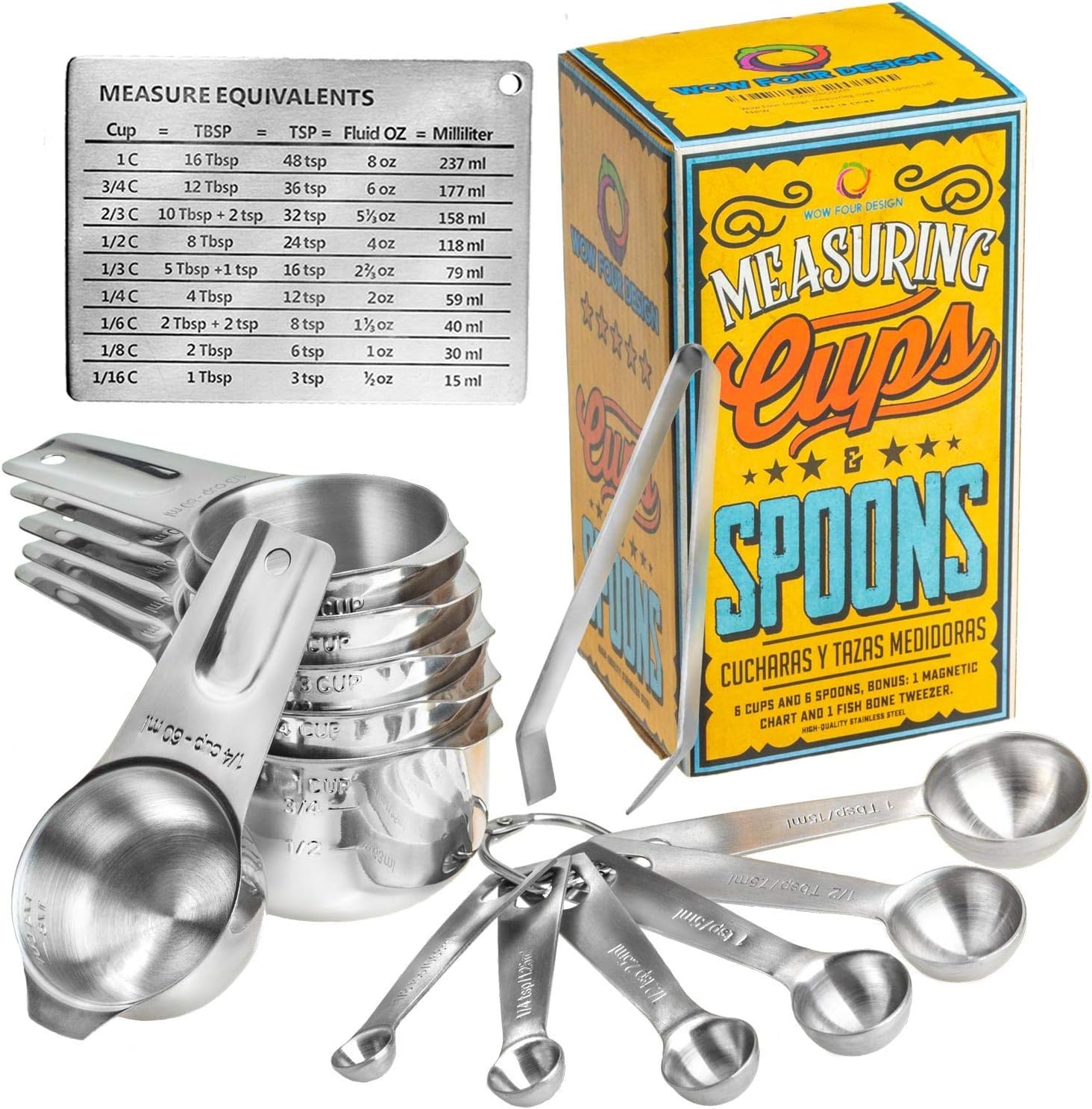 Wow Four Design Updated 2021 Version Measuring Cups and Spoons Set of 6 Measuring Cups and 6 Measuring Spoons Bonus Measuring Magnetic Chart Fish Bone Tweezer 12 Piece Stackable Set Stainless Steel