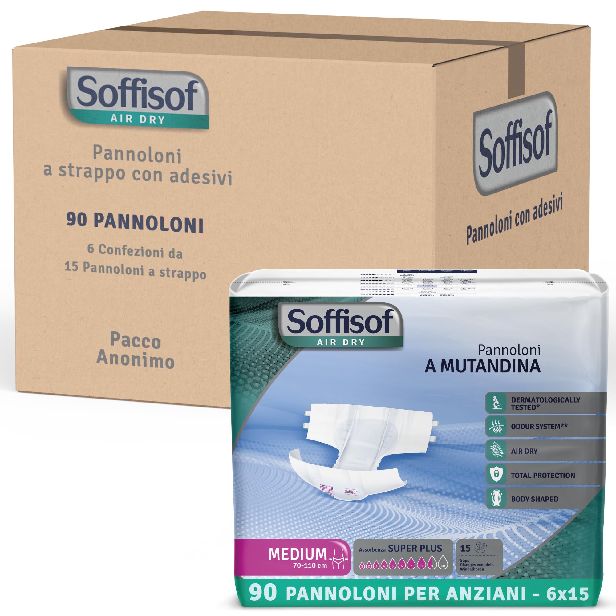 Soffisof Air Dry Windeln für Erwachsene Super Plus M - 90x Inkontinenz Slip - 6 Packungen mit 15 Windelhosen, 8.5 Tropfen - Inkontinenzwindeln