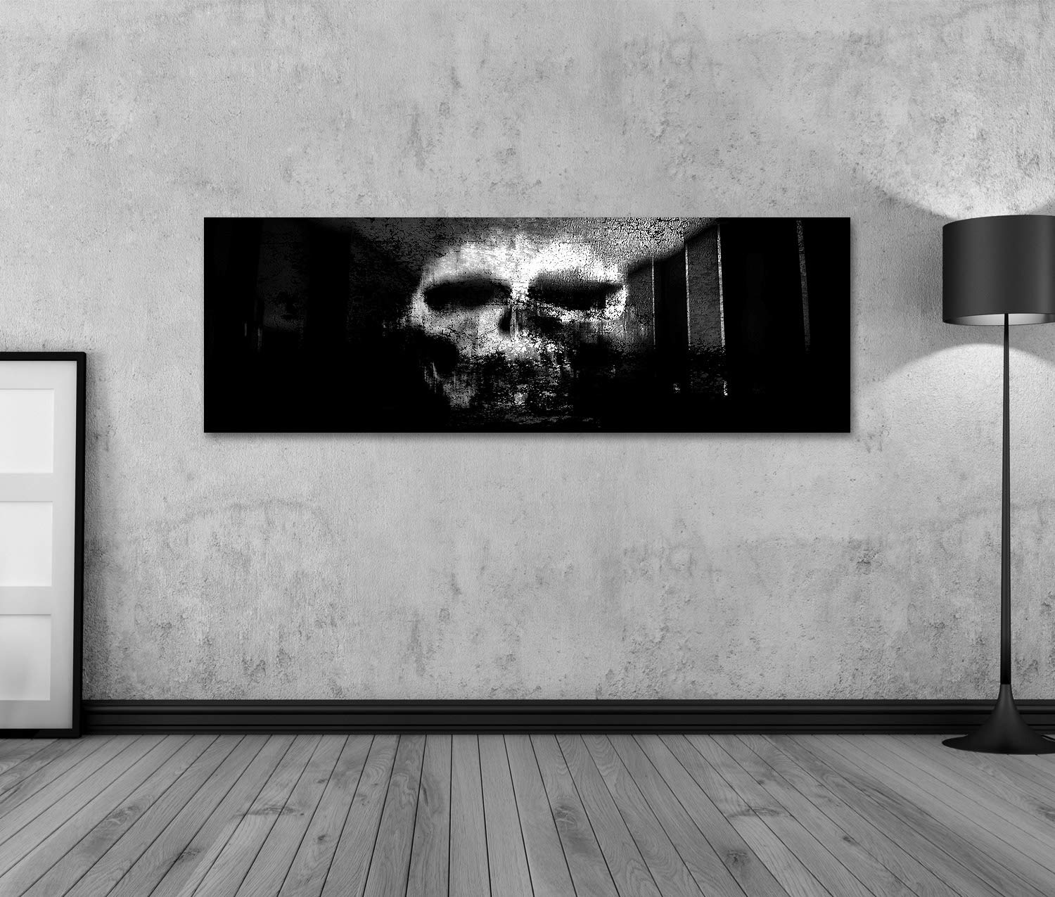 Quadro su tela con teschio in bianco e nero horror sfondo per Halloween concetto e film poster, 120 x 40 cm, stampa artistica