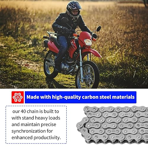 Vista 13 de Belleone Cadena de rodillos n.º 40 de 10 pies con 5 eslabones de conexión para Go Karts, mini bicicletas, scooters, motocicletas, bicicletas