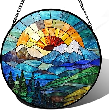 Stained Glass Window Hanging Golden Sun Blue Green Mountain Scenery 6.3" - Suncatcher Door Garden Sun Catcher Home Decor Birthday Christmas for Woman Nana Friend Men