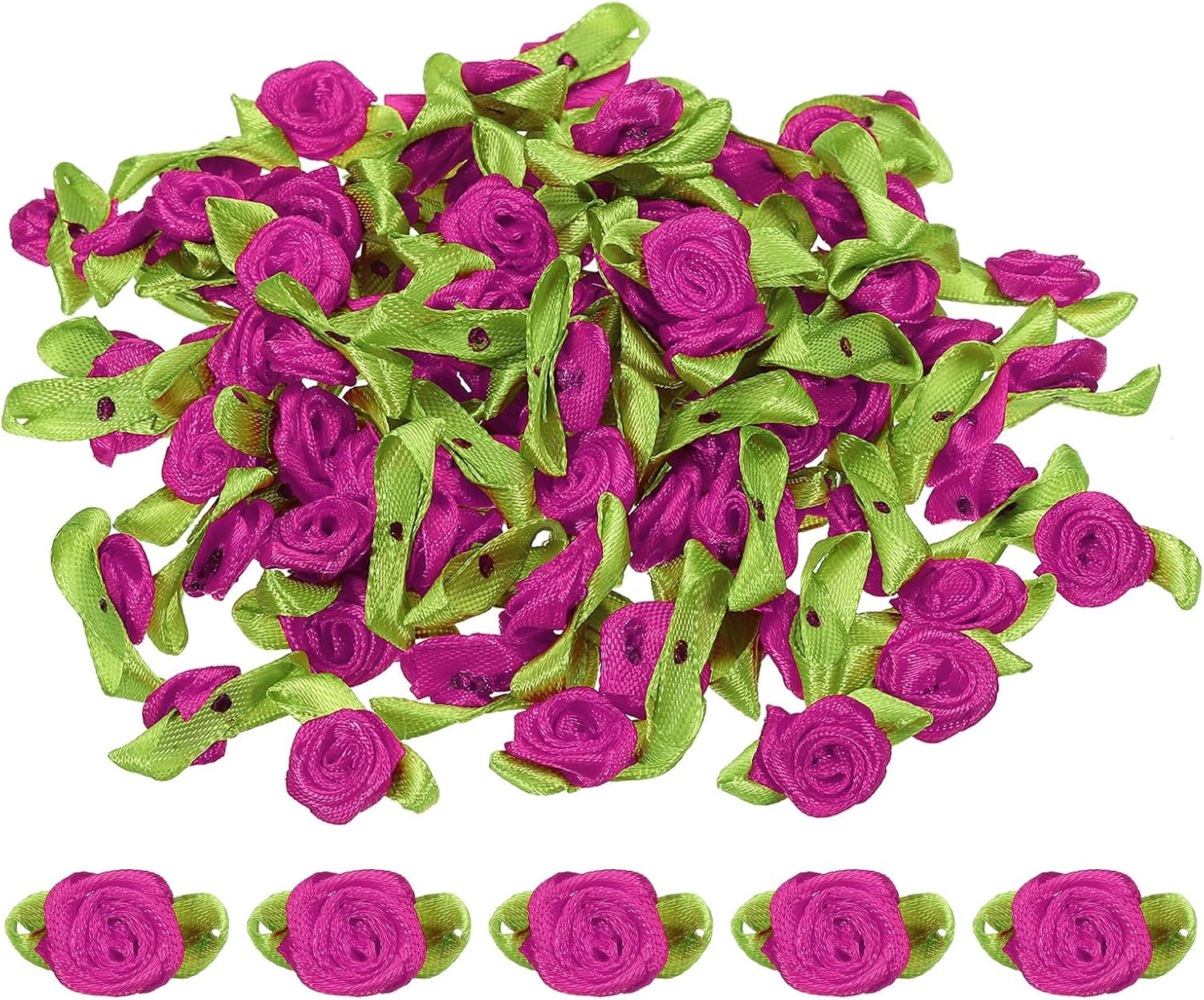 PATIKIL Mini Ribbon Roses, 200 Pcs Tiny Satin Fabric Flowers with Green Leaves Embellishments Rosettes Applique for DIY Crafts Sewing Wedding,Blue