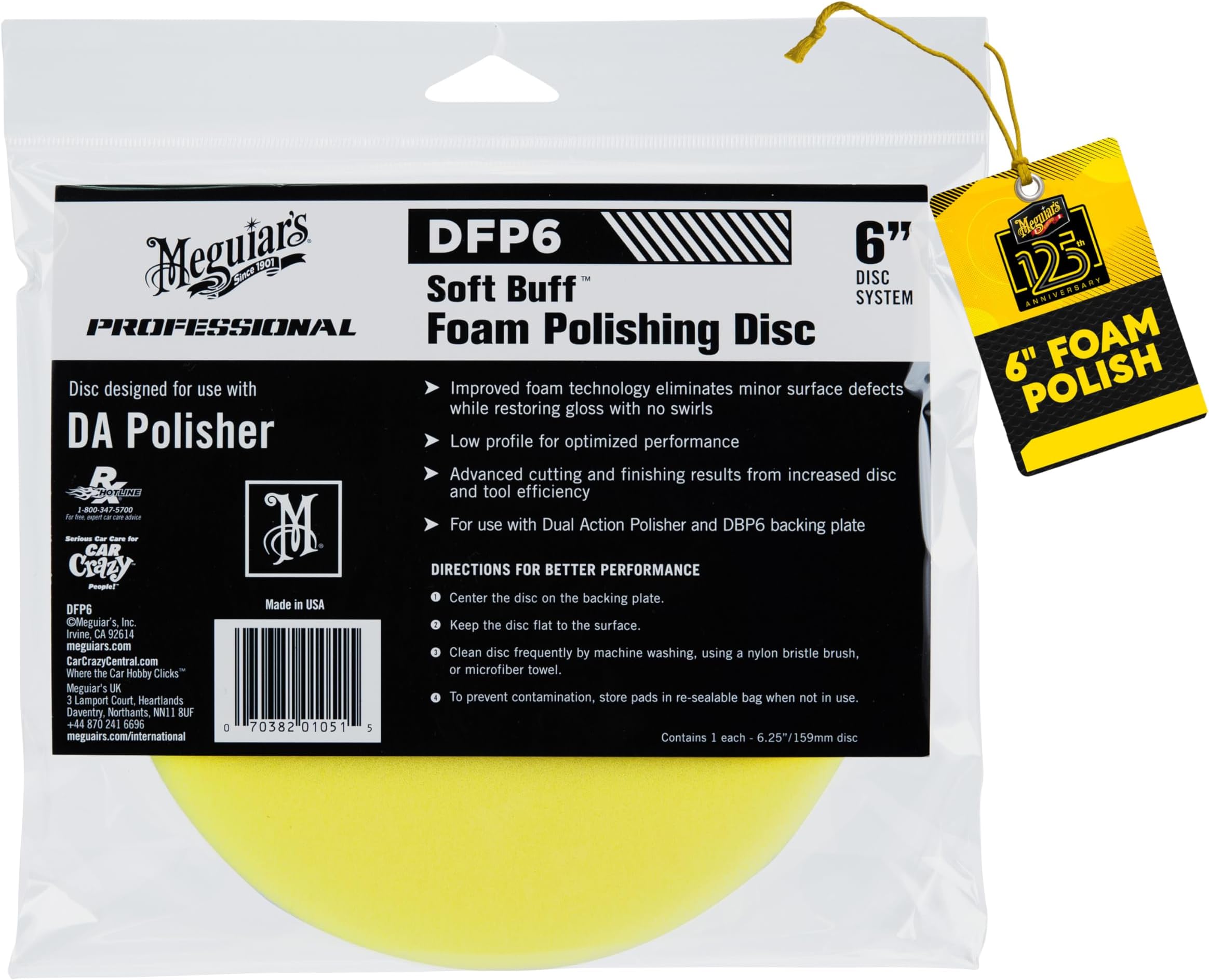 Meguiar's Professional 6" Soft Buff DA Foam Polishing Disc DFP6 - Foam Pad for Use with a 6" Backing Plate - Light Swirl Removal Pad for Light Cleaning and Polishing