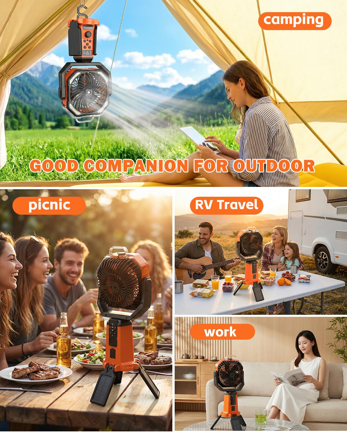 24000mAh Solar Camping Ventilator mit Ständer, Akku Ventilator mit Fernbedienung & Powerbank, mit Fernbedienung und Haken, Tragbarer USB Zelt Ventilator für Angeln Picknick Wohnmobil Outdoor