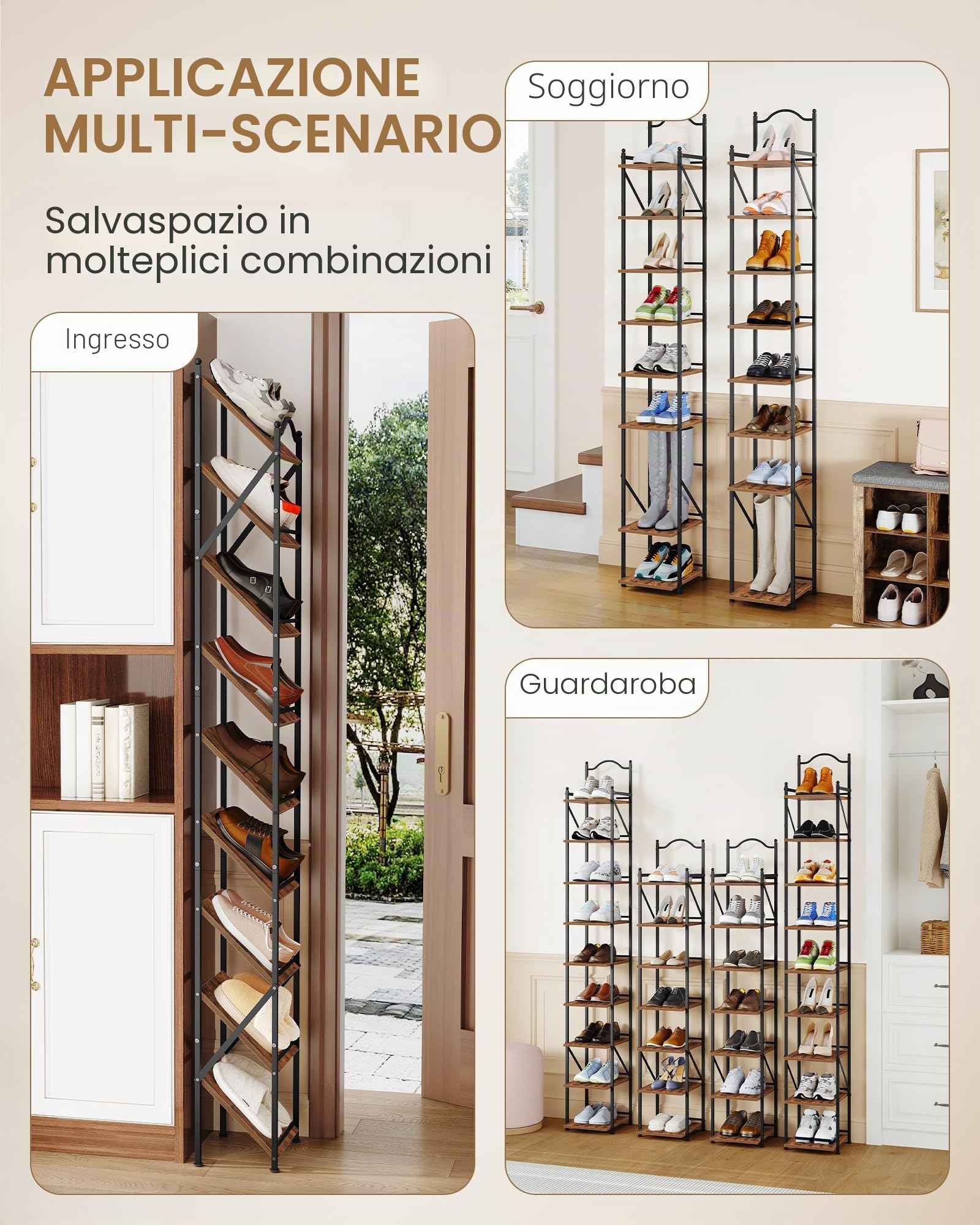 Hzuaneri Scarpiera Verticale, 9 Livelli, 2 Modalità Regolabili | Stretta Scarpiera in ferro e Legno, 26,5 x 27,5 x 185 cm, Salvaspazio, per Ingresso, Corridoio, Soggiorno, Marrone Rustico