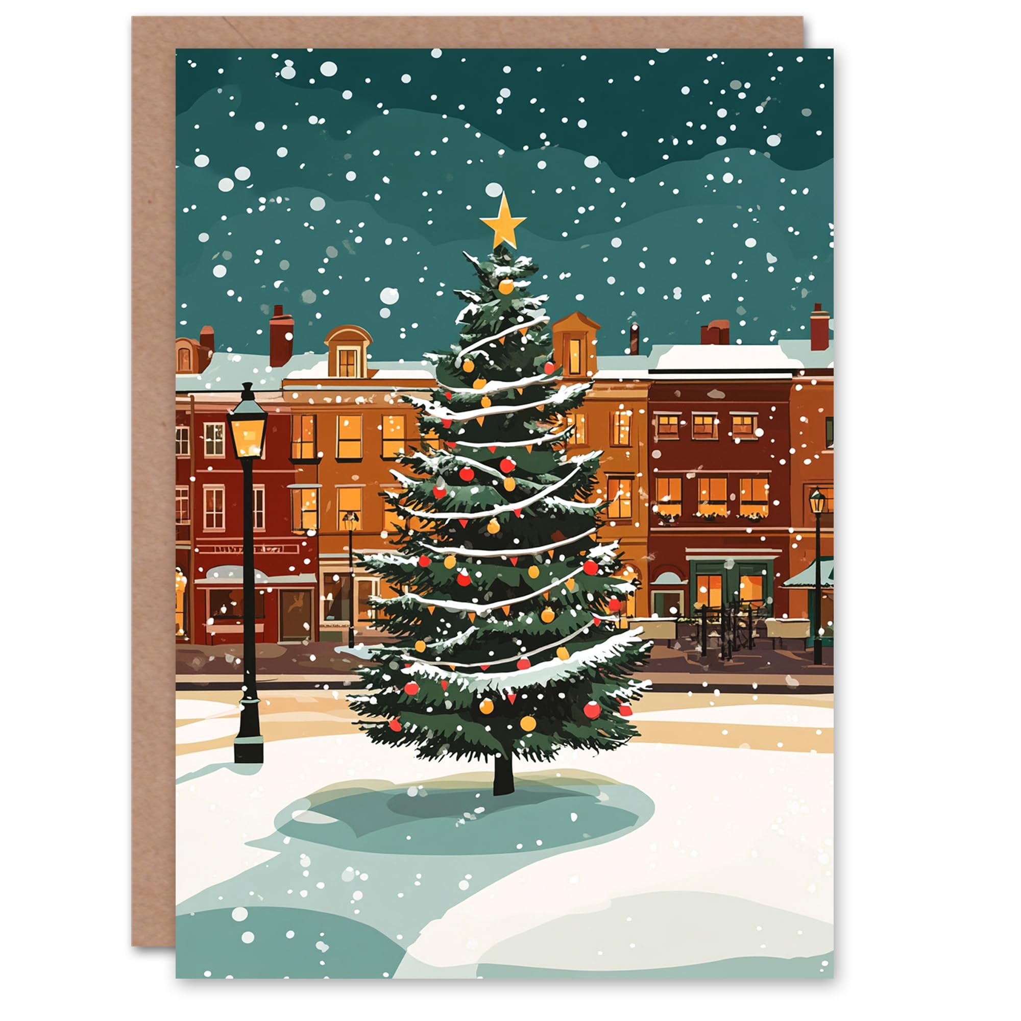 Wee Blue Coo Decorated Tree Town Square Snowy Night Fun Xmas Art Blank For All Christmas Card