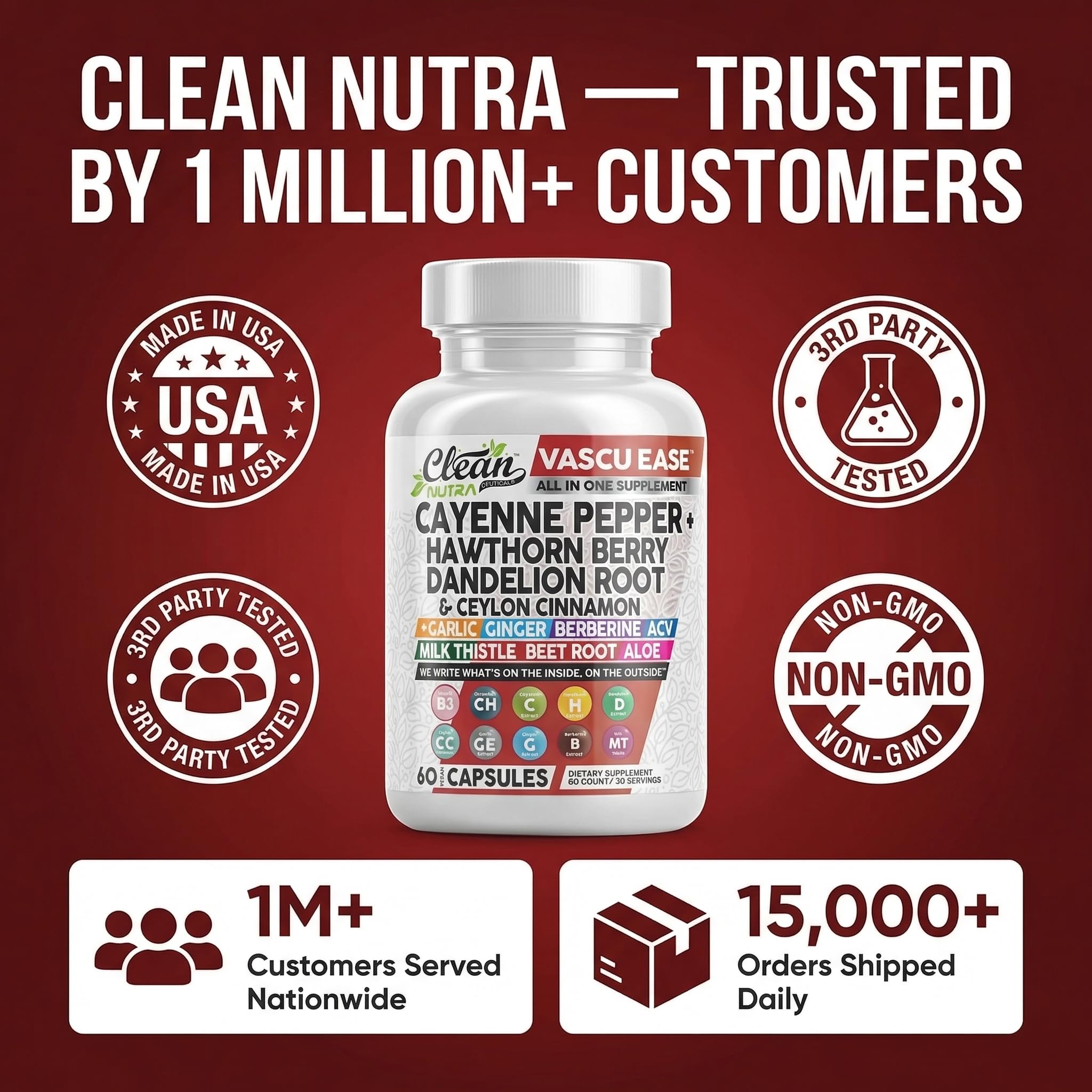 Clean Nutra Cayenne Pepper Capsules Supplement with Hawthorn Berry, Dandelion Root, Ceylon Cinnamon, Garlic, Ginger, Berberine, Apple Cider Vinegar, Milk Thistle, Beet Root, Aloe Vera Pills & More — Amazon image 8