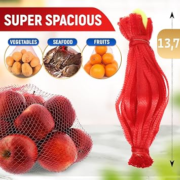 BURIUS 200Pcs Vegetables Storage Mesh Bag for Fridge - 13.7 IN Drawstring Mesh Produce Reusable Washable Storage Bags Farmers Tote Market Bag - Fruit Grocery Netting Bags