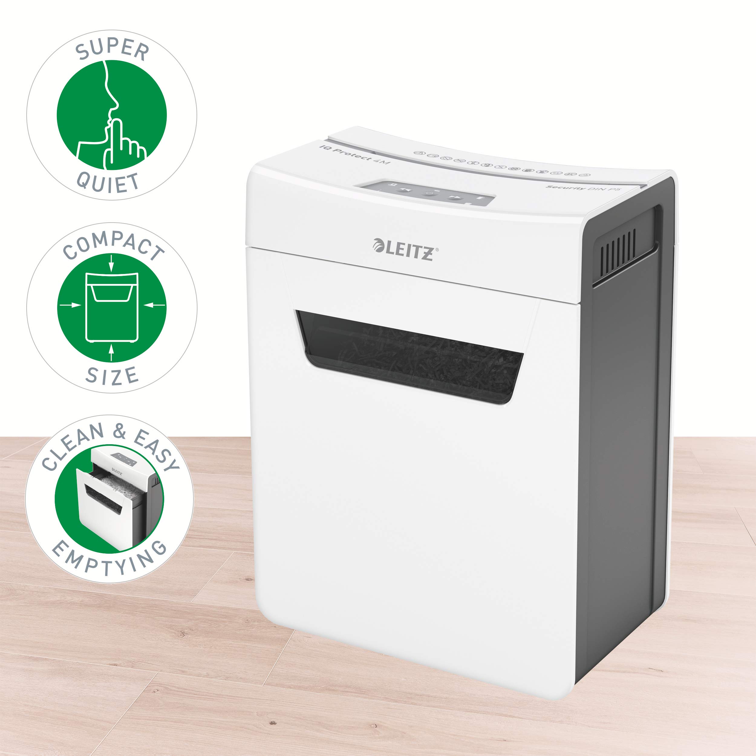 Leitz Distruggidocumenti IQ 4M Premium P5 per ufficio e casa, Microcut, 4 fogli, pattumiera da 14 litri, molto silenzioso/compatto, serie Protect, bianco, 80940000, 1 unità