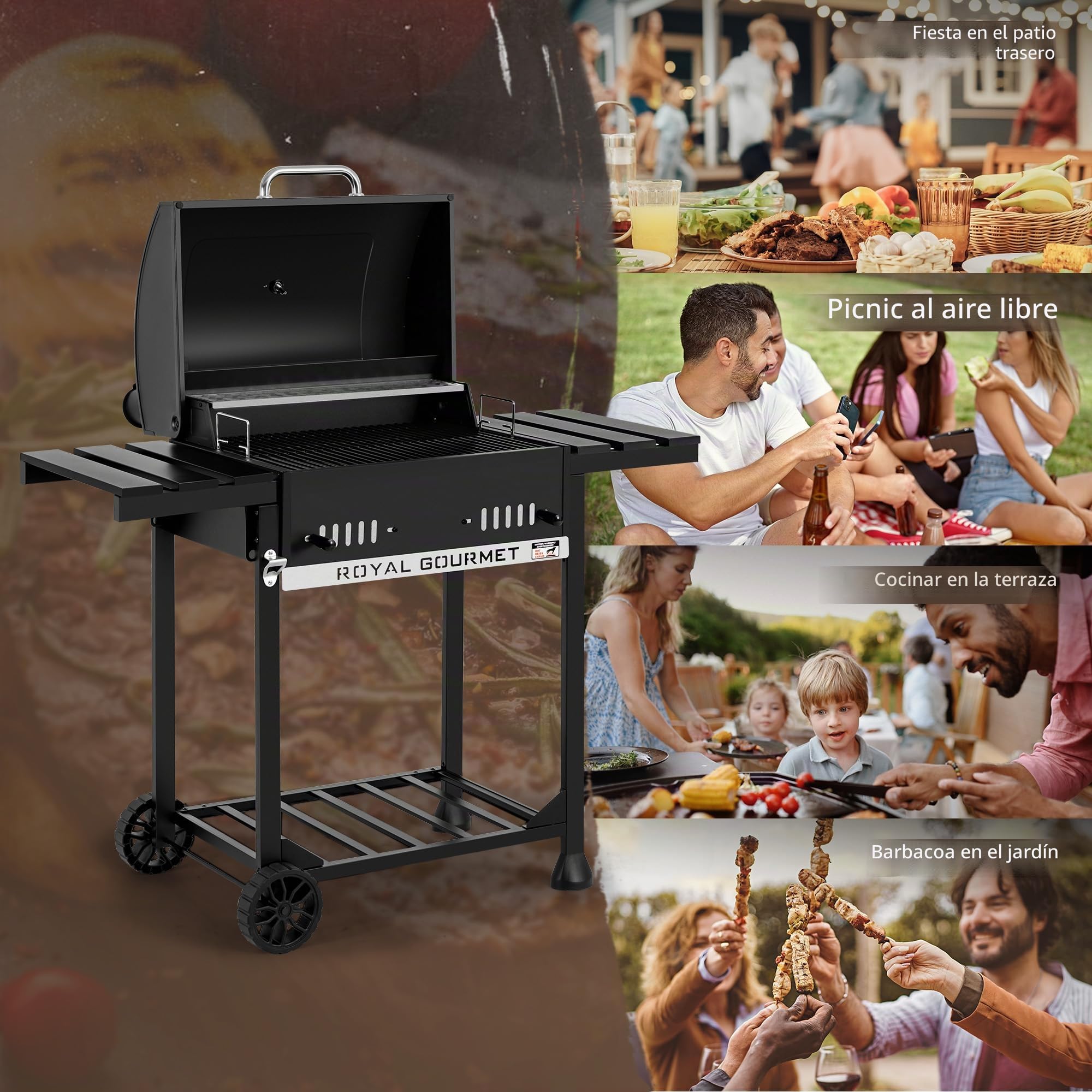 Royal Gourmet Barbacoa de carbón vegetal con estantes laterales plegables, parrilla de pie con Decekl, termómetro, parrilla de carbón negro