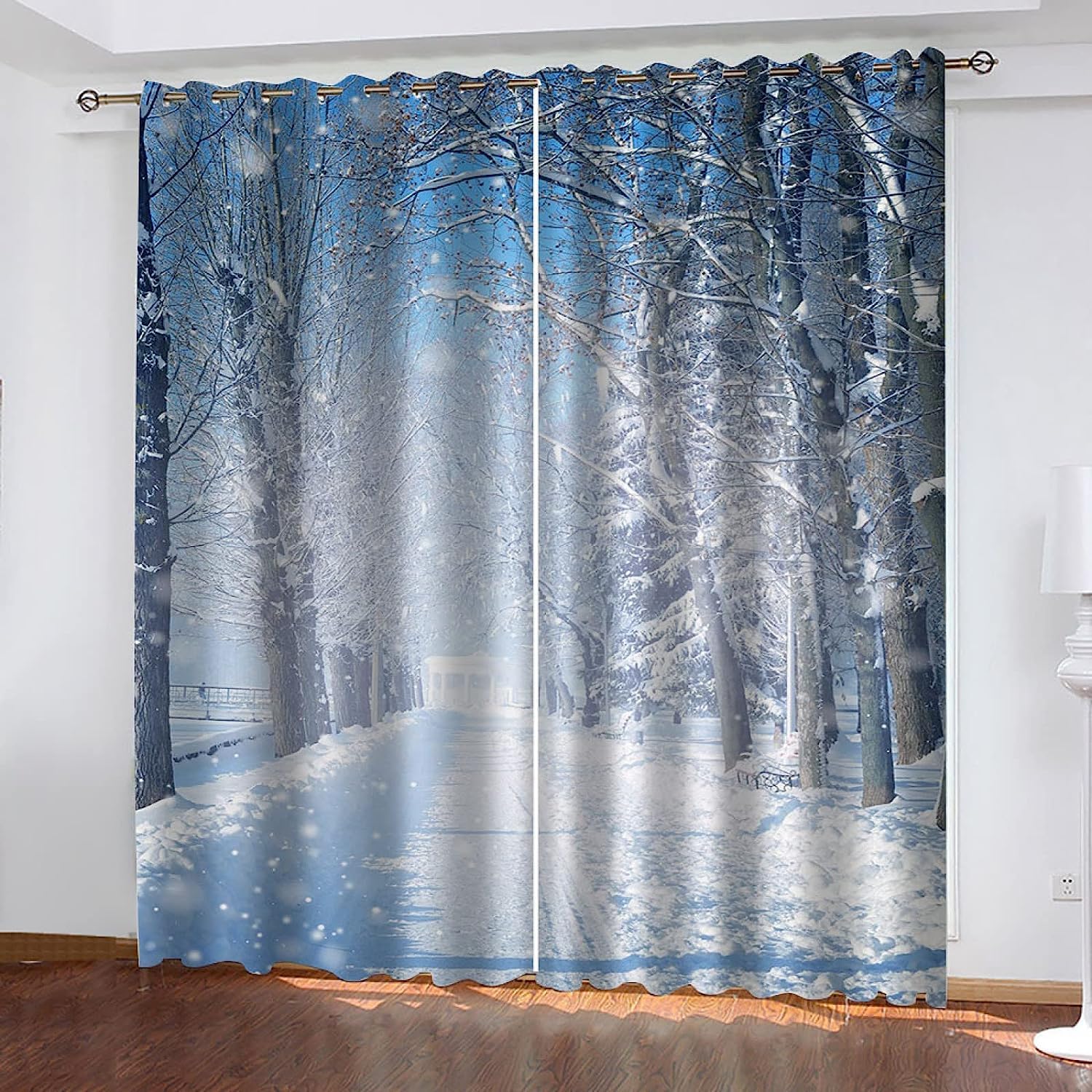 Rideau occultant 3D paysage de flocons de neige d'hiver en 2 panneaux pour chambre