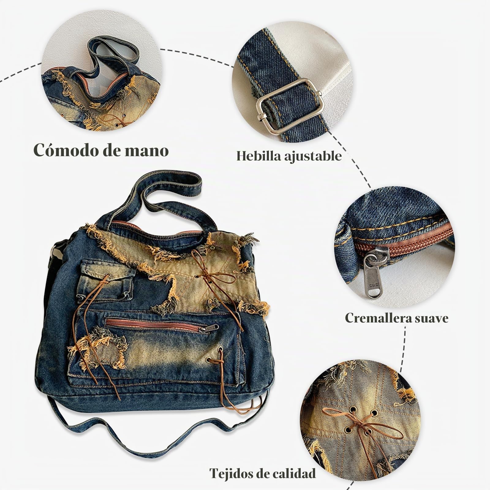 Bolsos Vaqueros para Mujer Bolso Bandolera de Mezclilla Retro Bolso de Mano Gran Capacidad Bolsa Shopper Bolso de Hombro de Tejano Jean Bolsa de Ocio para Compras Citas Viajes Trabajo Azul