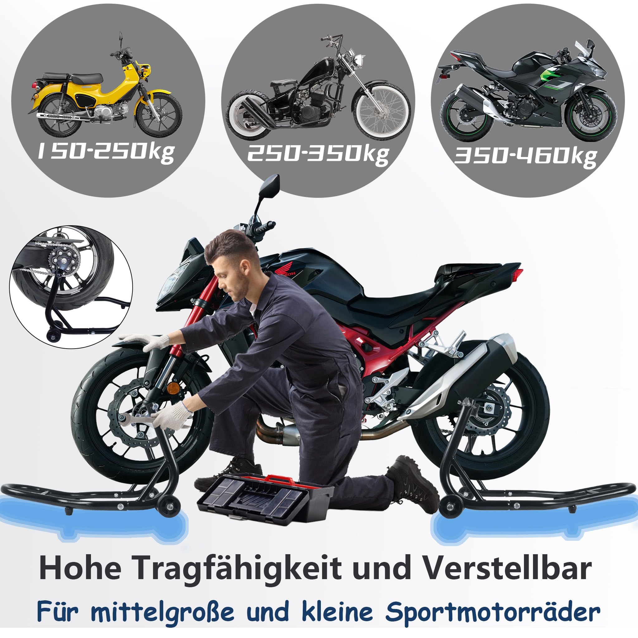 YRHome 2 Stück Motorradständer Vorne + Hinten Motorradheber Motorrad Ständer Motorrad Heber mit 4 Rollen Motorrad Hebebühne