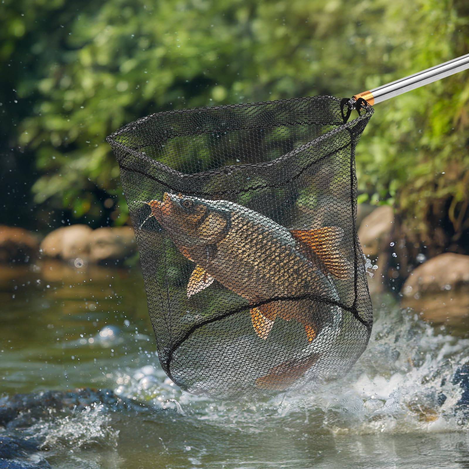 Retino da pesca con manico, asta di prolunga da 102-213 cm, manico regolabile in acciaio inox, guadino pieghevole per Steelhead, salmone, spigola e altro, ideale per kayak/pesca a mosca, attrezzatura