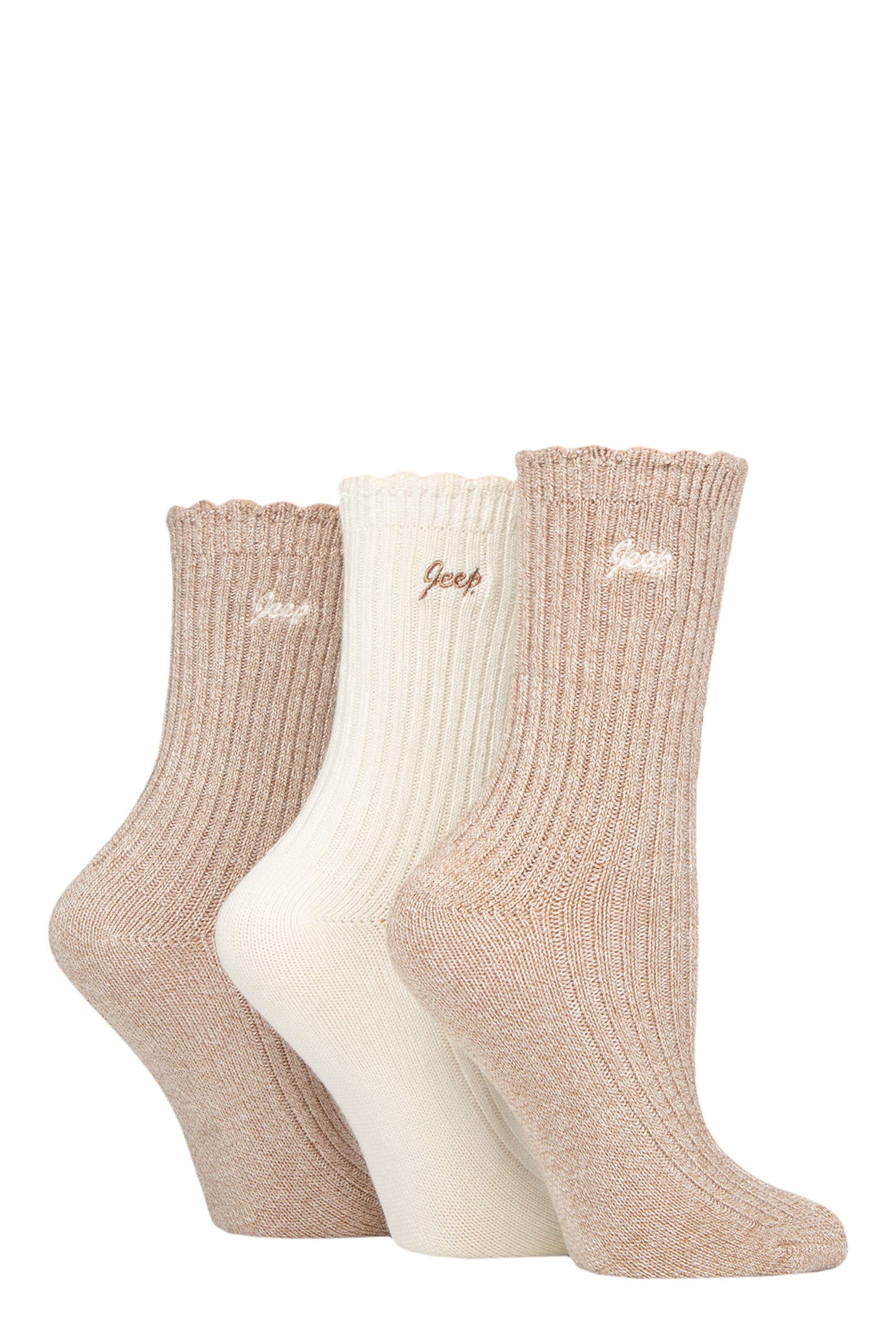 Jeep Women's Taupe/Cream Bamboo Scalloped Top Socks Pack Of 3 4-8